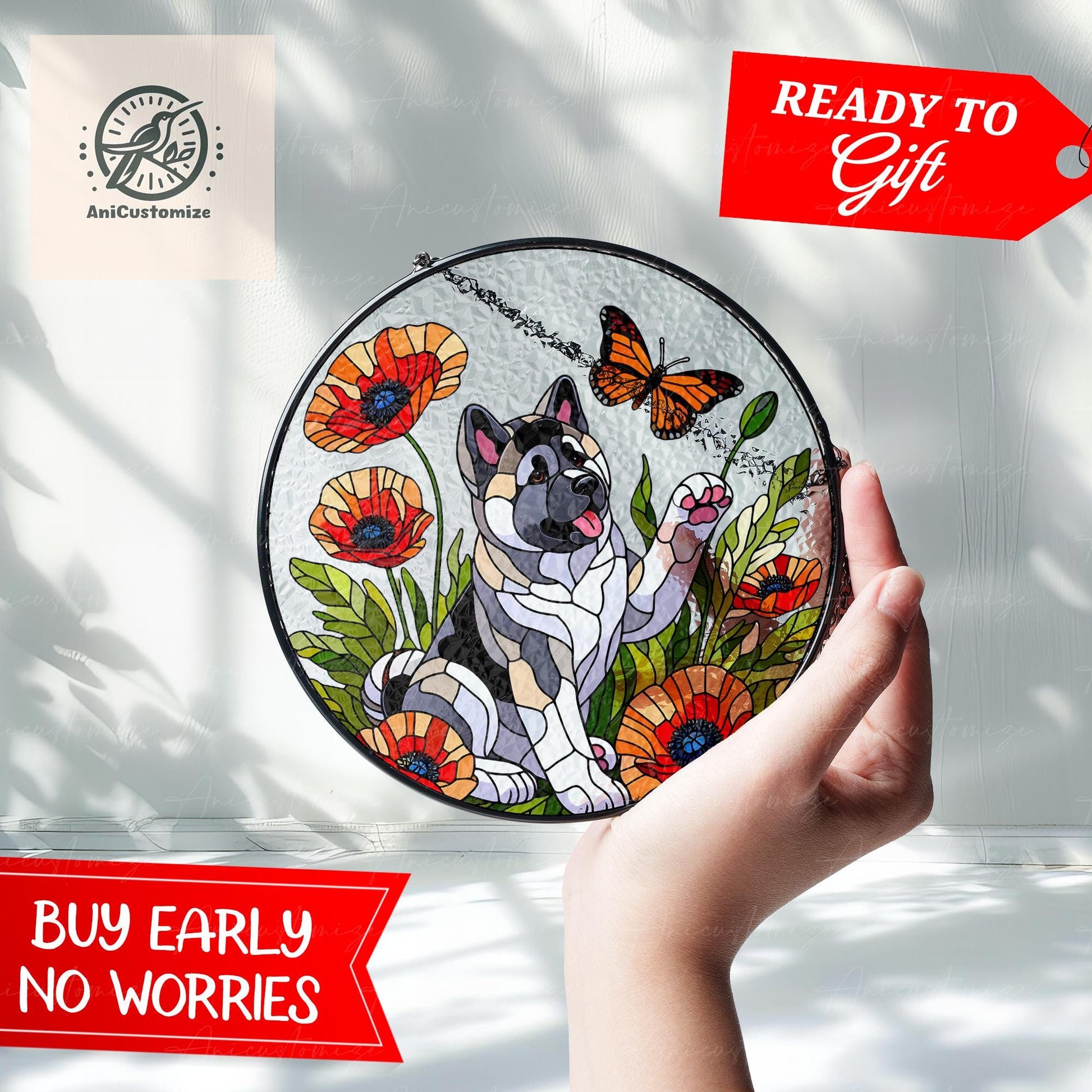 American Akita Among Poppy Flower GLASS , Dog Suncatcher, Akita Mom Decor, Akita Lover Decor, Mother's Day Gift