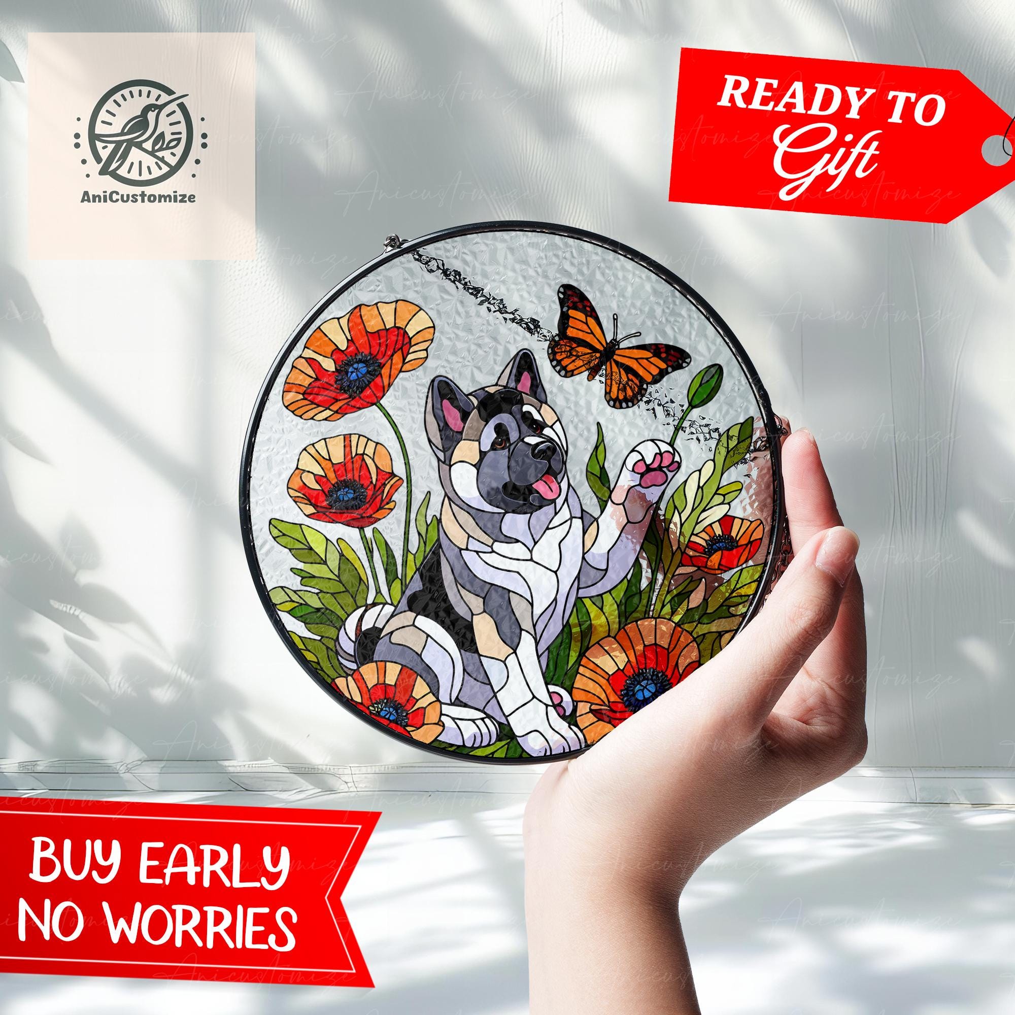 American Akita Among Poppy Flower GLASS , Dog Suncatcher, Akita Mom Decor, Akita Lover Decor, Mother's Day Gift