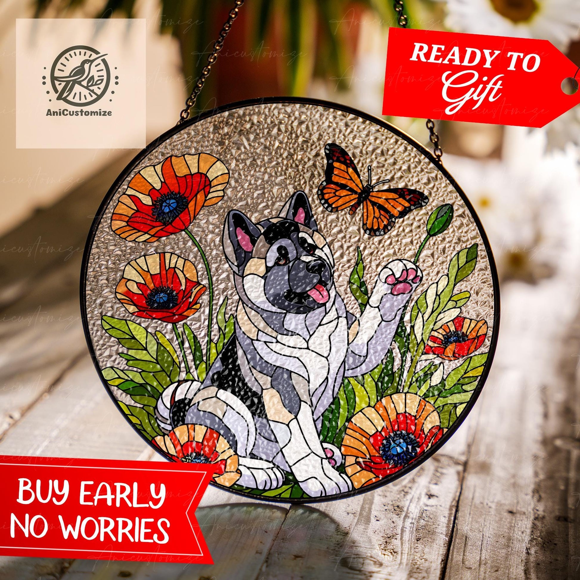 American Akita Among Poppy Flower GLASS , Dog Suncatcher, Akita Mom Decor, Akita Lover Decor, Mother's Day Gift