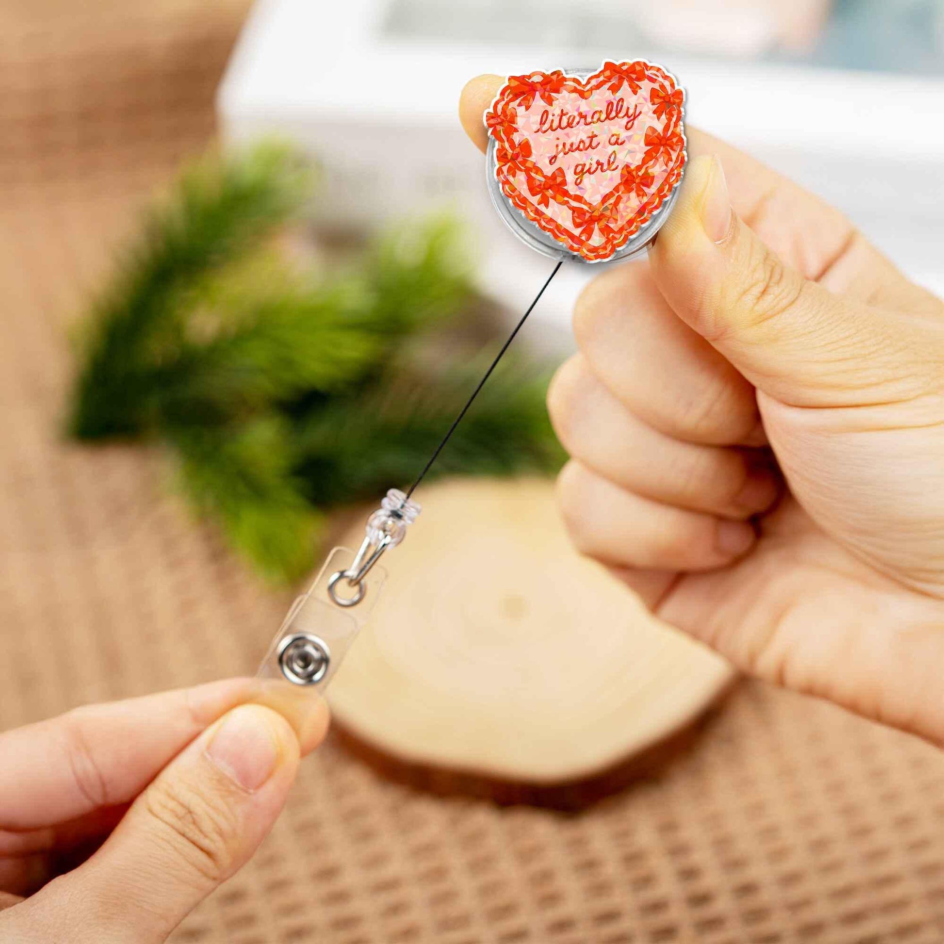 Literally Just a Girl Badge Reel Cute Heart Shape Red Bow Retractable ID Holder Funny Nurse Teacher Gift Coquette Aesthetic Office ID