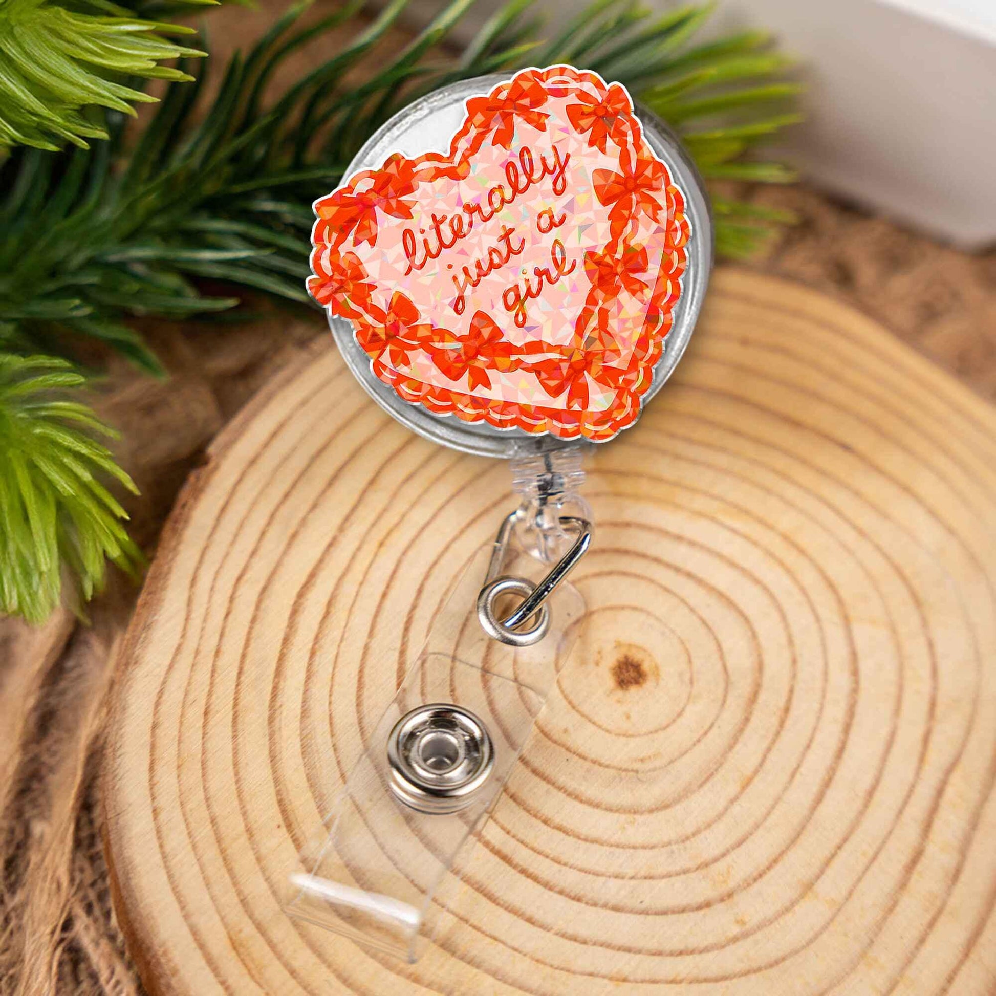 Literally Just a Girl Badge Reel Cute Heart Shape Red Bow Retractable ID Holder Funny Nurse Teacher Gift Coquette Aesthetic Office ID