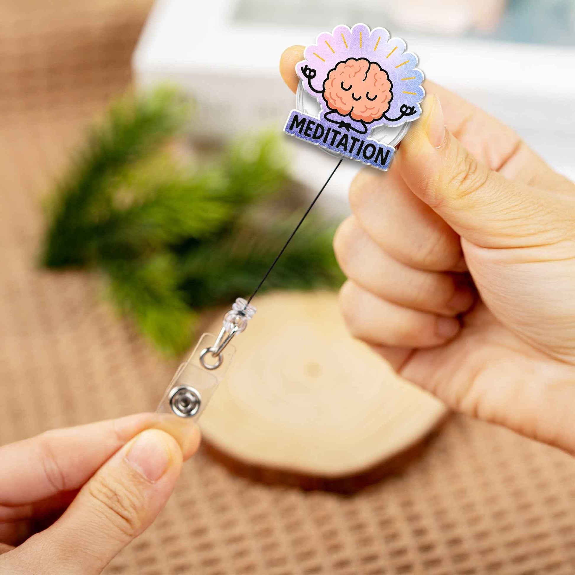 Meditating Brain Badge Reel, Cute Cartoon Mindfulness ID Holder, Funny Retractable Badge Clip for Nurse, Teacher, Office, Zen Mental Health