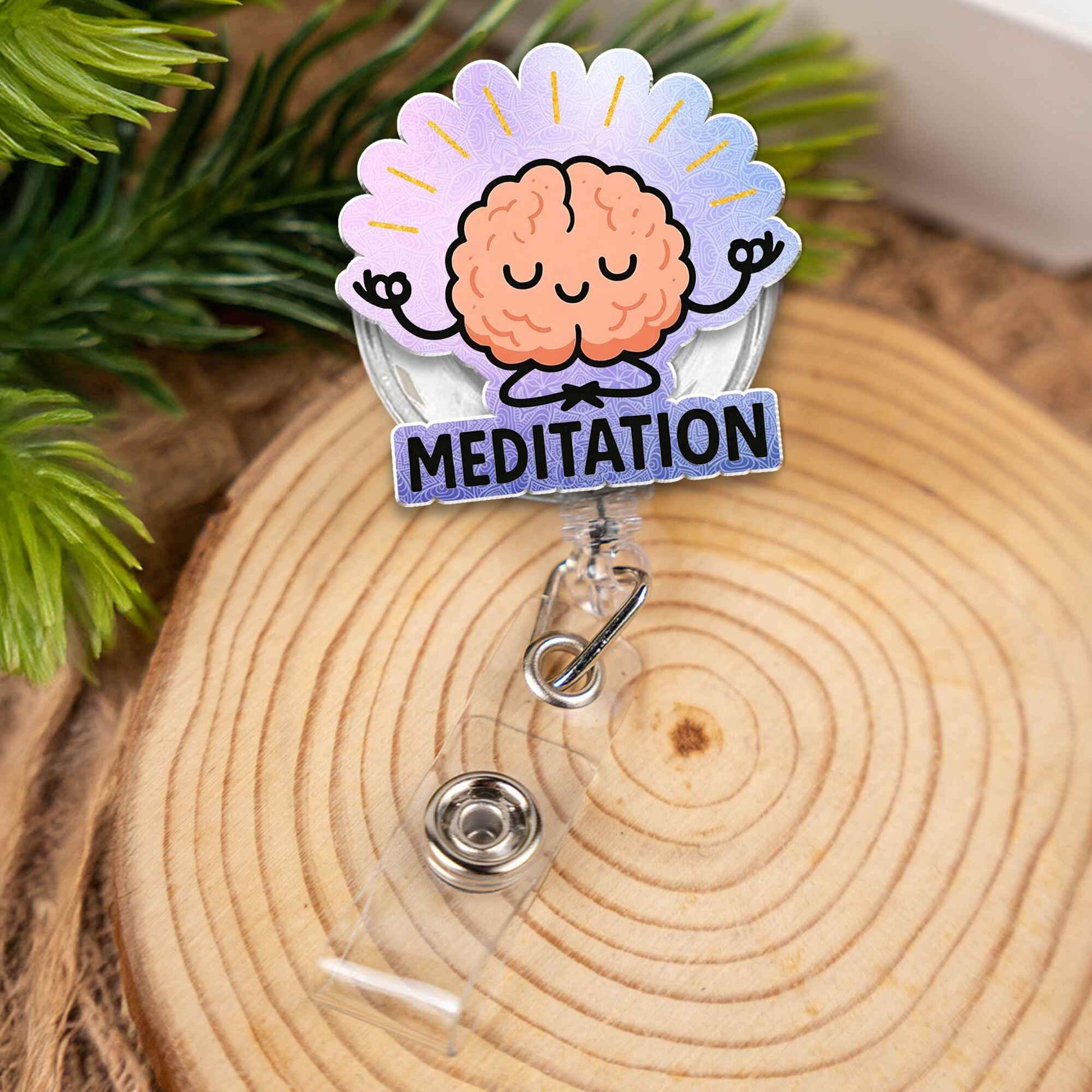 Meditating Brain Badge Reel, Cute Cartoon Mindfulness ID Holder, Funny Retractable Badge Clip for Nurse, Teacher, Office, Zen Mental Health