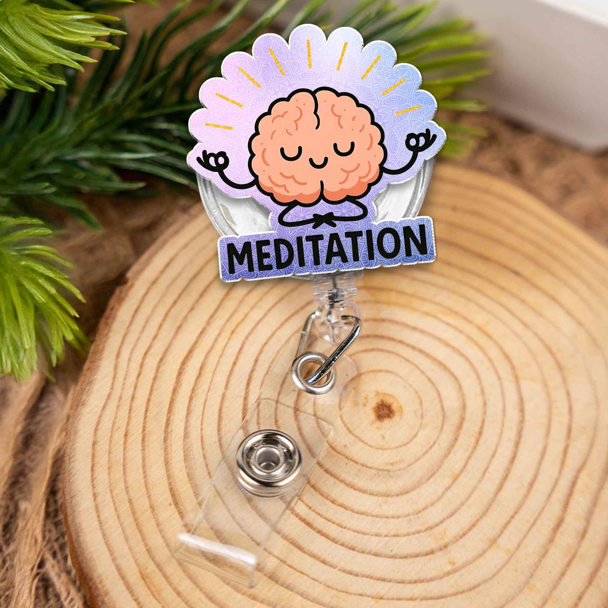Meditating Brain Badge Reel, Cute Cartoon Mindfulness ID Holder, Funny Retractable Badge Clip for Nurse, Teacher, Office, Zen Mental Health
