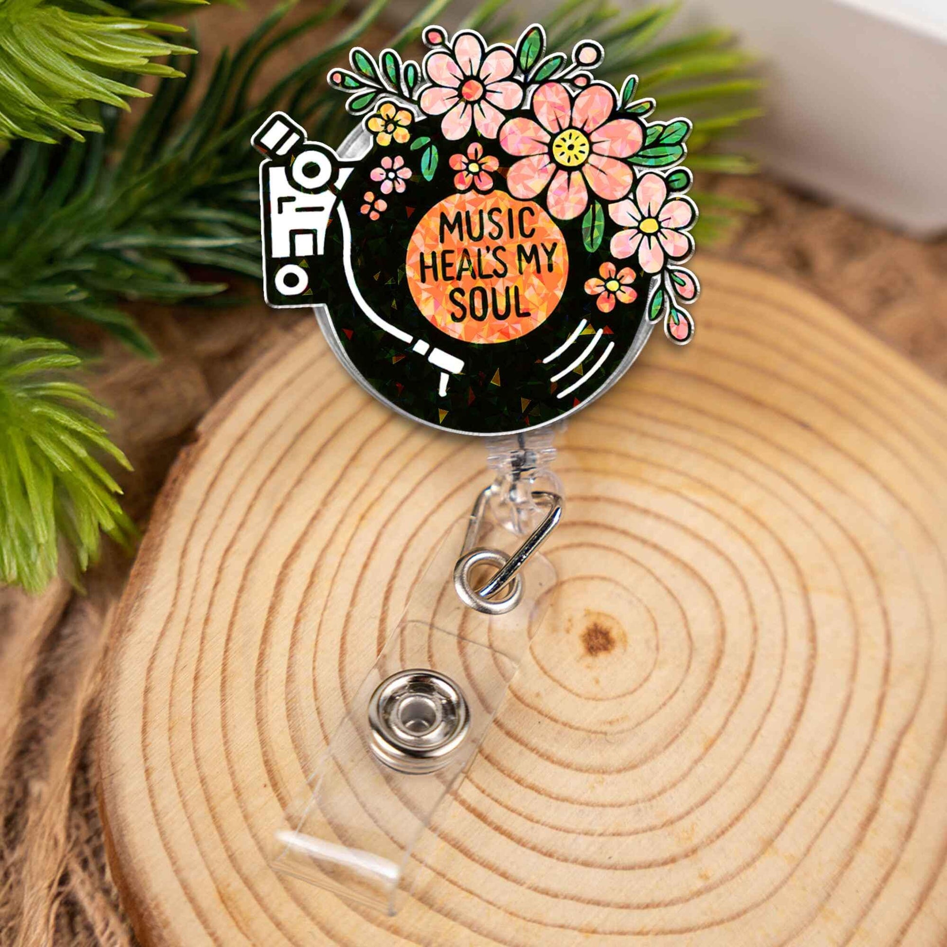 Music Heals My Soul Badge Reel, Floral Vinyl Record ID Holder, Retractable Clip, Cute Nurse Gift, Teacher Accessory, Music Lover