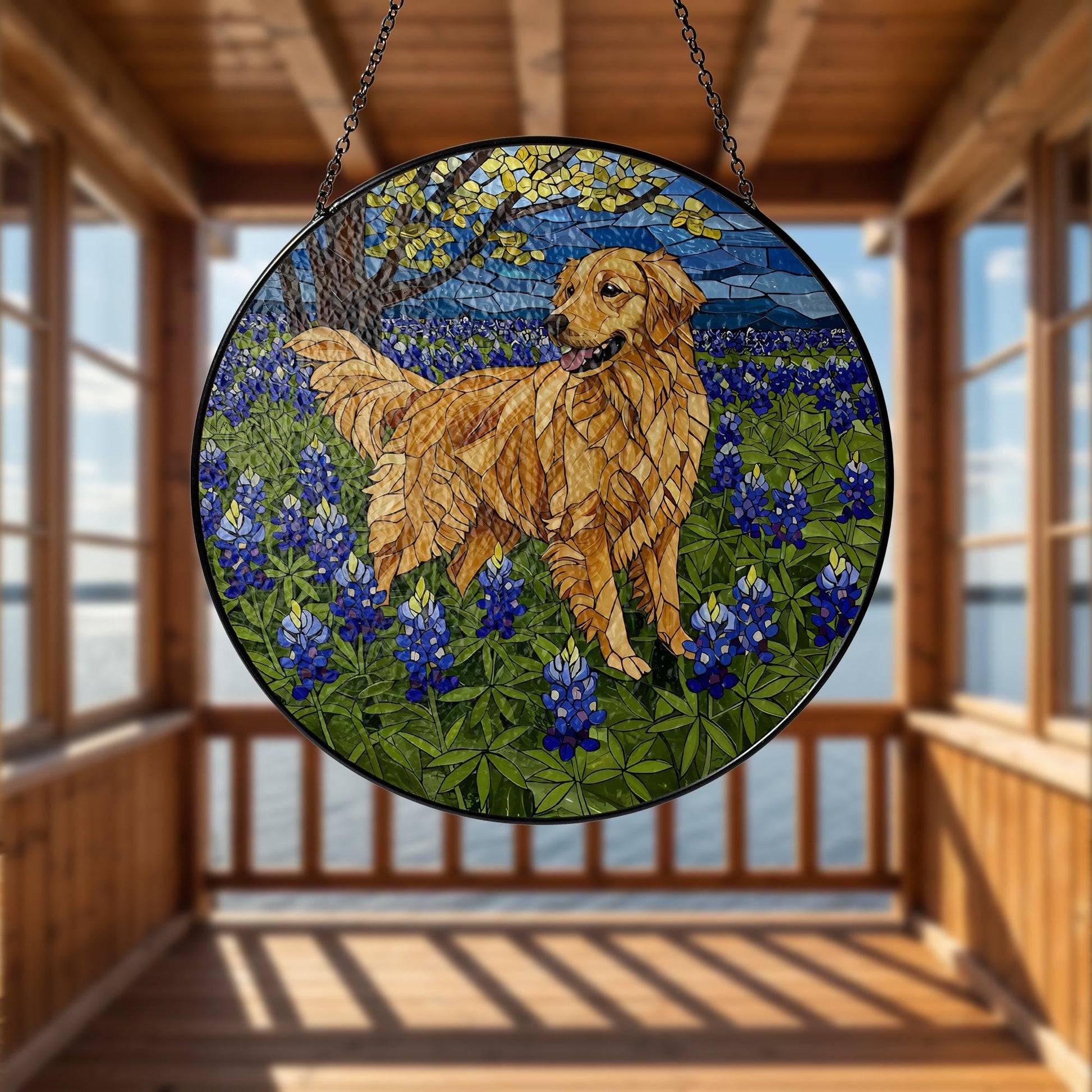 Golden Retriever Glass Suncatcher, Dog Lover Gift, Bluebonnet Dog Decor, Stained Glass Dog Art, Pet Memorial Gift, Dog Window Hanging