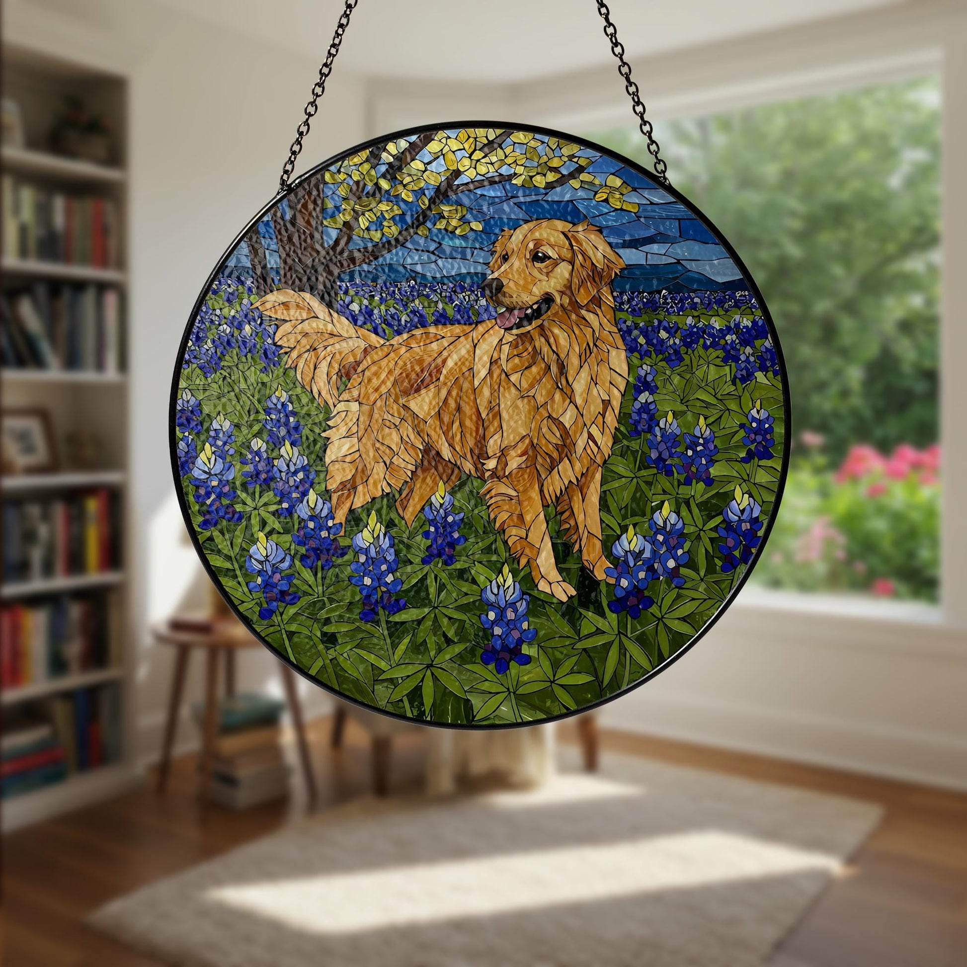 Golden Retriever Glass Suncatcher, Dog Lover Gift, Bluebonnet Dog Decor, Stained Glass Dog Art, Pet Memorial Gift, Dog Window Hanging
