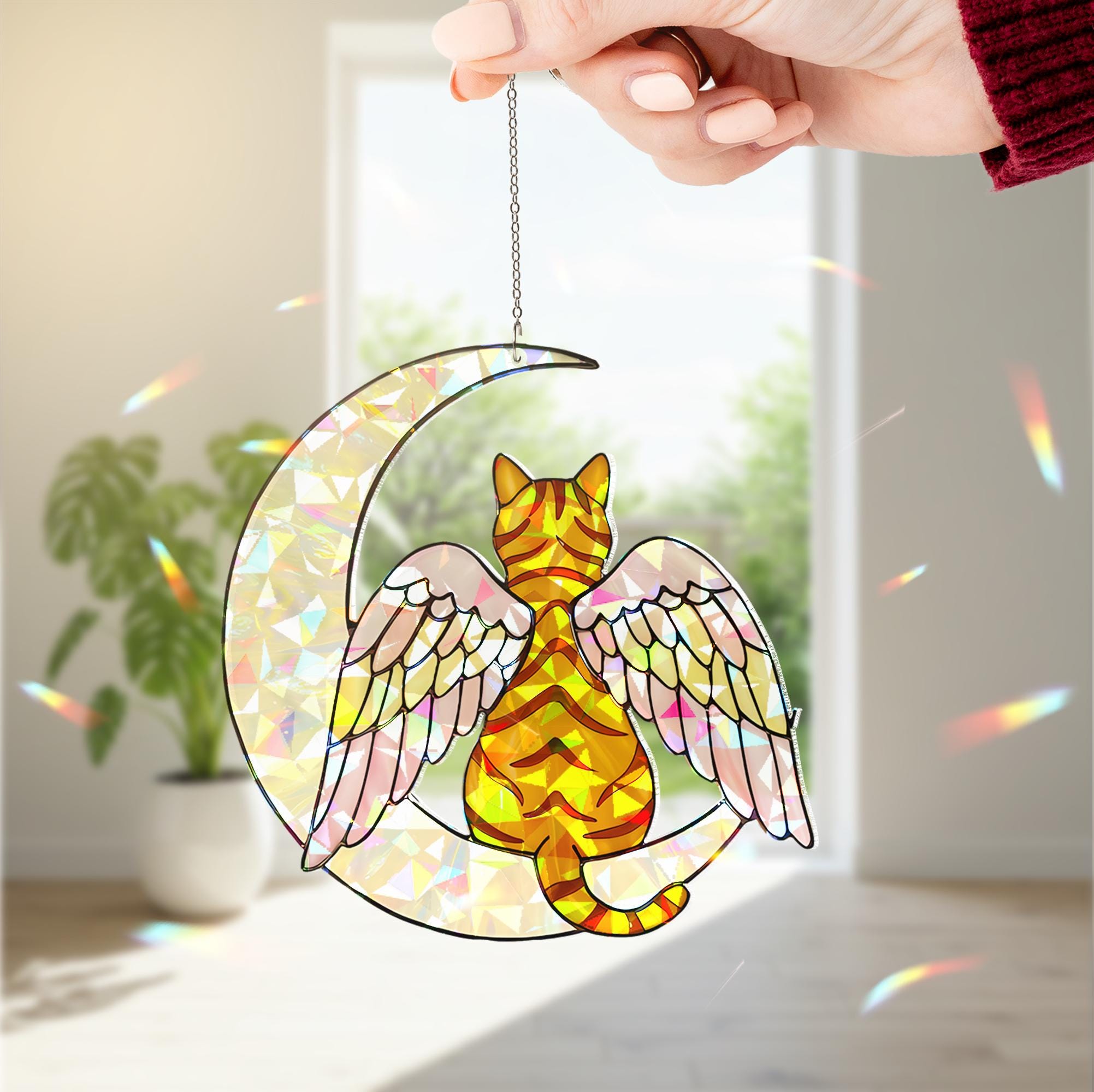 Angel Orange Tabby Cat on Crescent Moon, Acrylic Hologram Window Hanging,  Cat Memorial, Cat Mom Gift, Pet Loss Decor, Unique Window Art