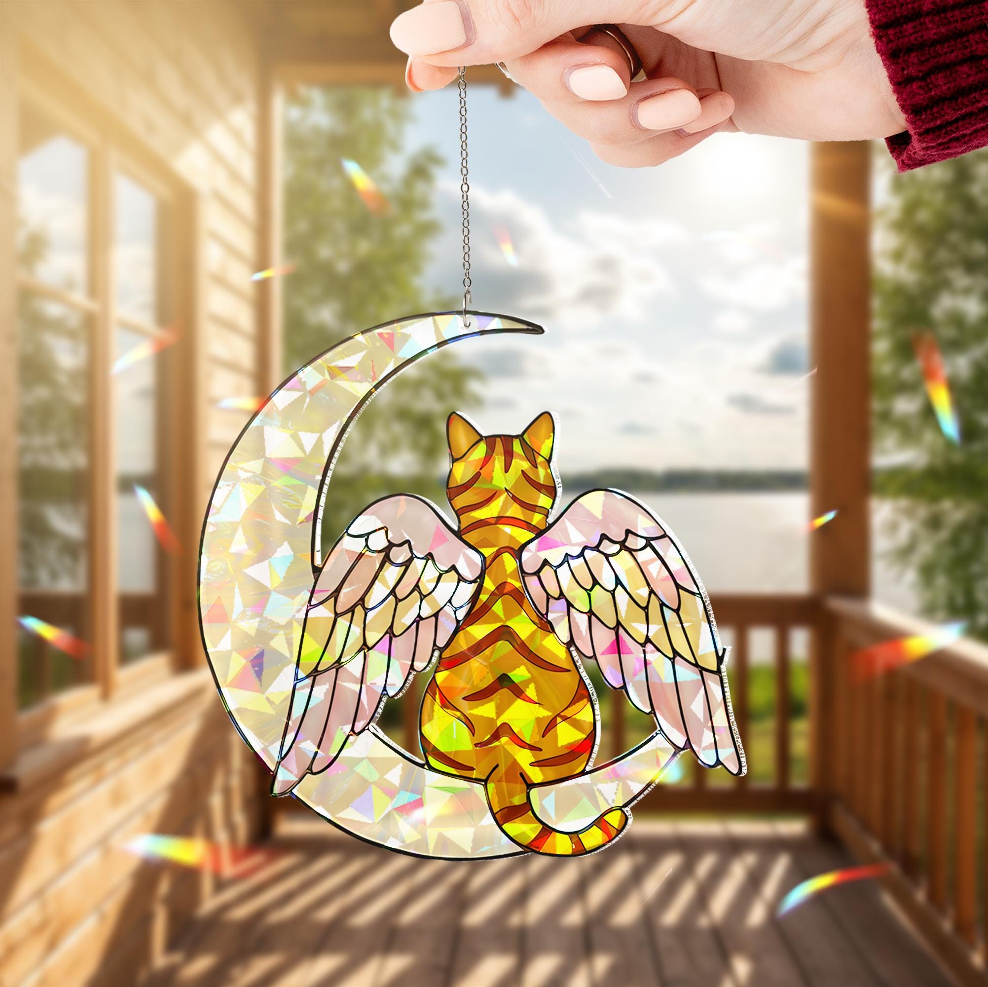 Angel Orange Tabby Cat on Crescent Moon, Acrylic Hologram Window Hanging,  Cat Memorial, Cat Mom Gift, Pet Loss Decor, Unique Window Art