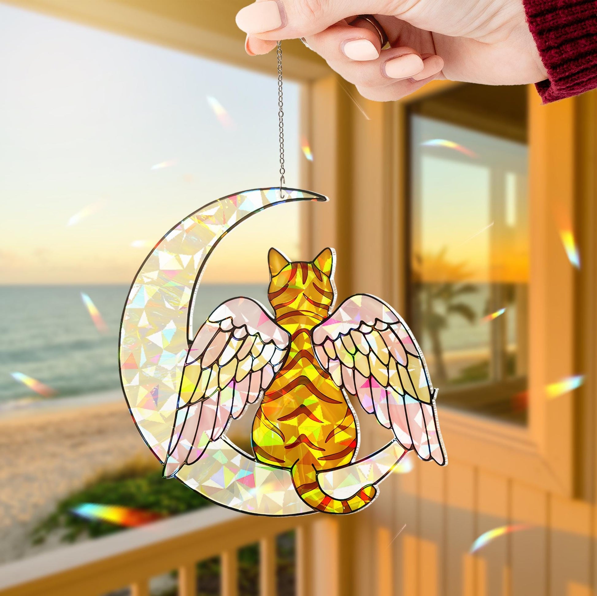 Angel Orange Tabby Cat on Crescent Moon, Acrylic Hologram Window Hanging,  Cat Memorial, Cat Mom Gift, Pet Loss Decor, Unique Window Art