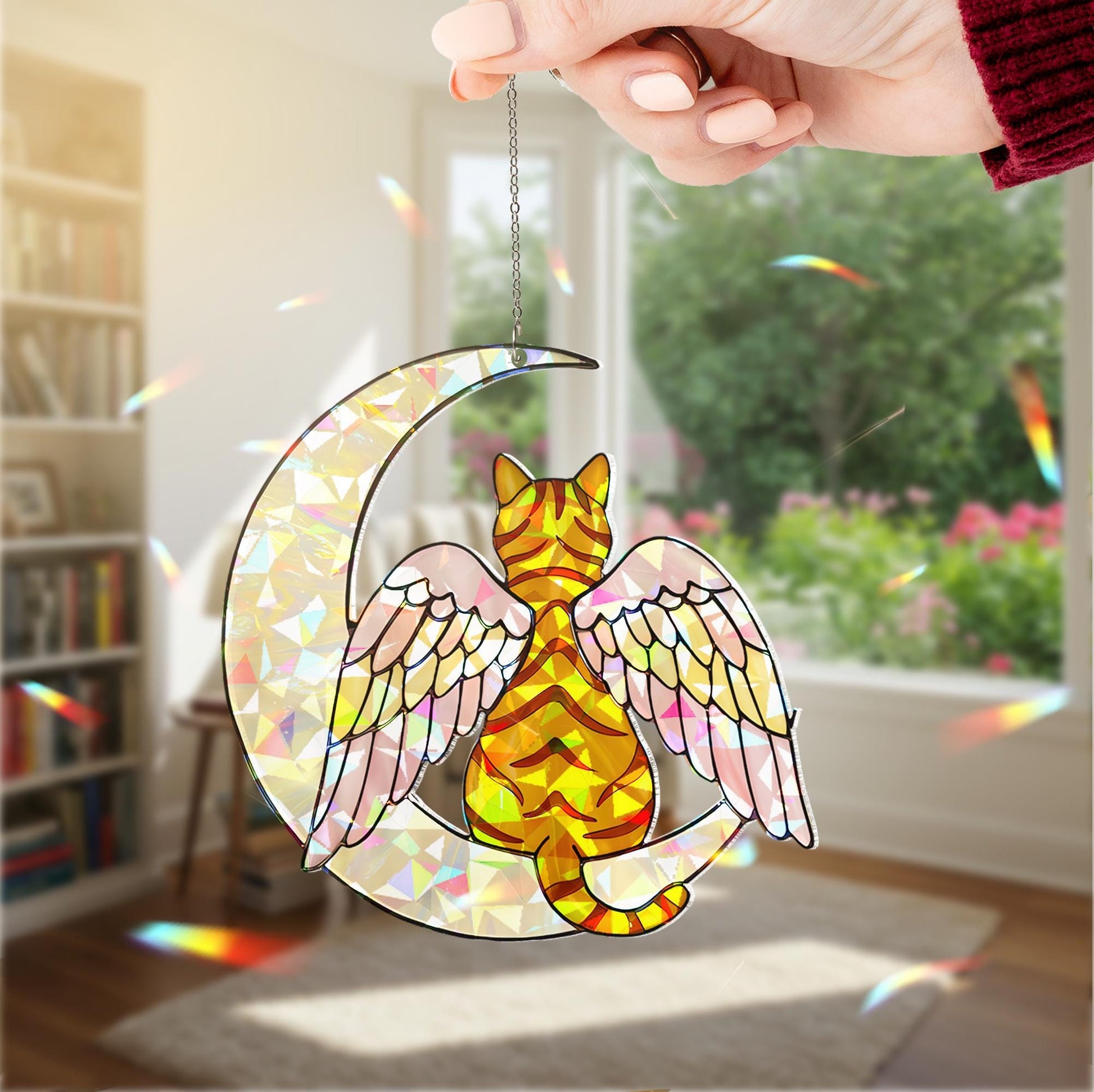 Angel Orange Tabby Cat on Crescent Moon, Acrylic Hologram Window Hanging,  Cat Memorial, Cat Mom Gift, Pet Loss Decor, Unique Window Art