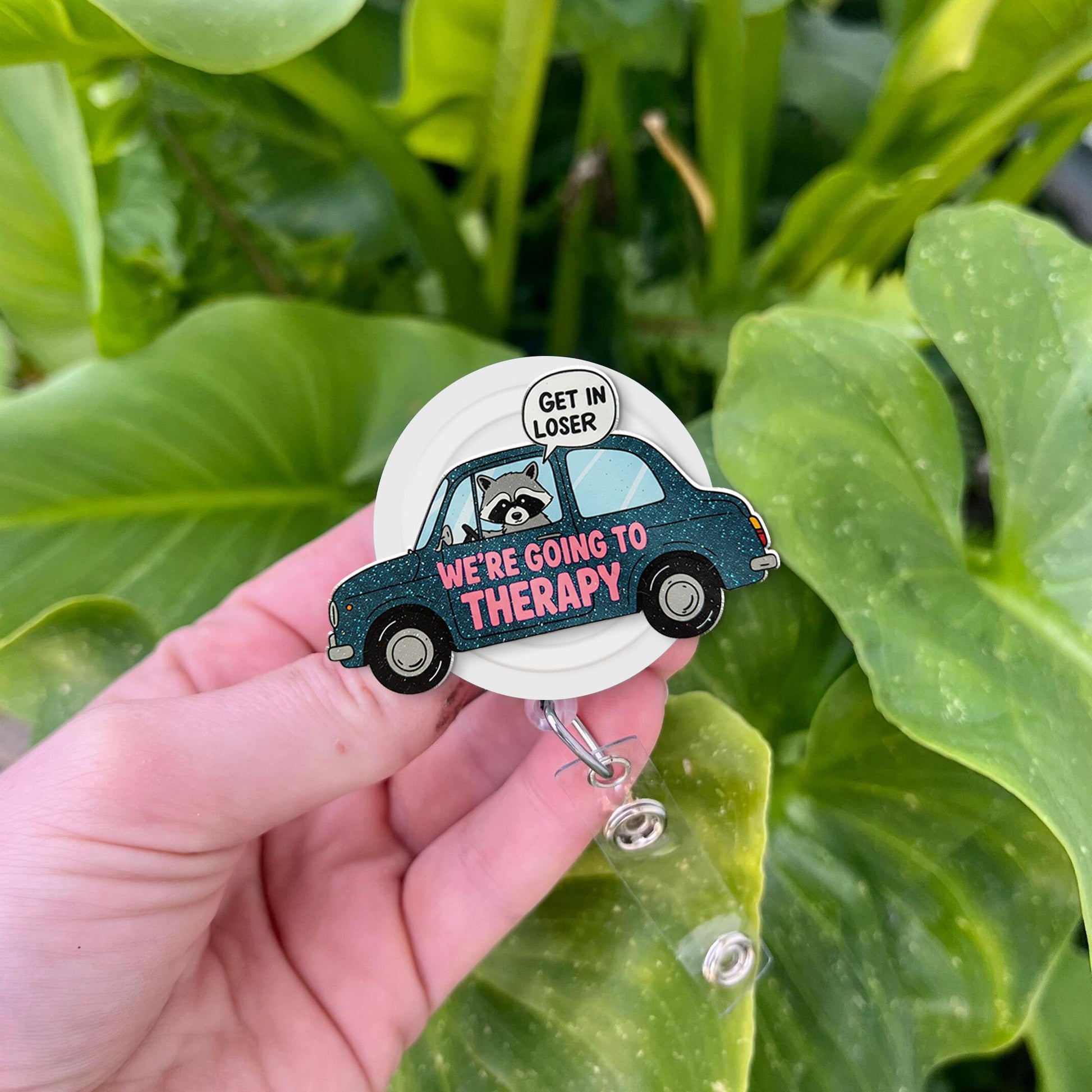 Get In Loser Therapy Badge Reel, Funny Raccoon Car ID Holder, Nurse Therapist Psych Gift Mental Health Humor Retractable Clip