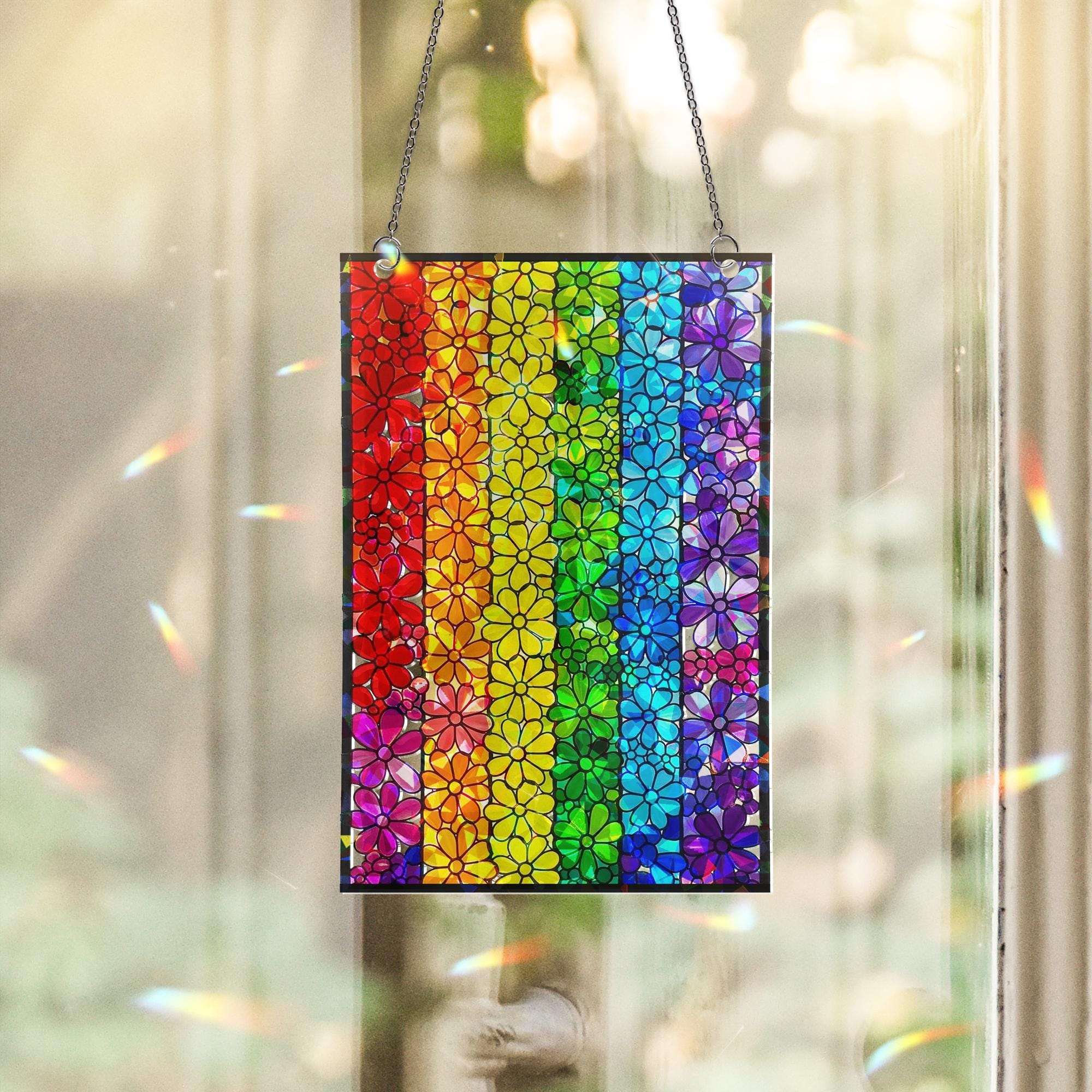 Floral LGBT Rainbow Flag Acrylic Holographic Suncatcher | Pride Window Decor | Colorful Flower Gift for LGBTQ+ Community