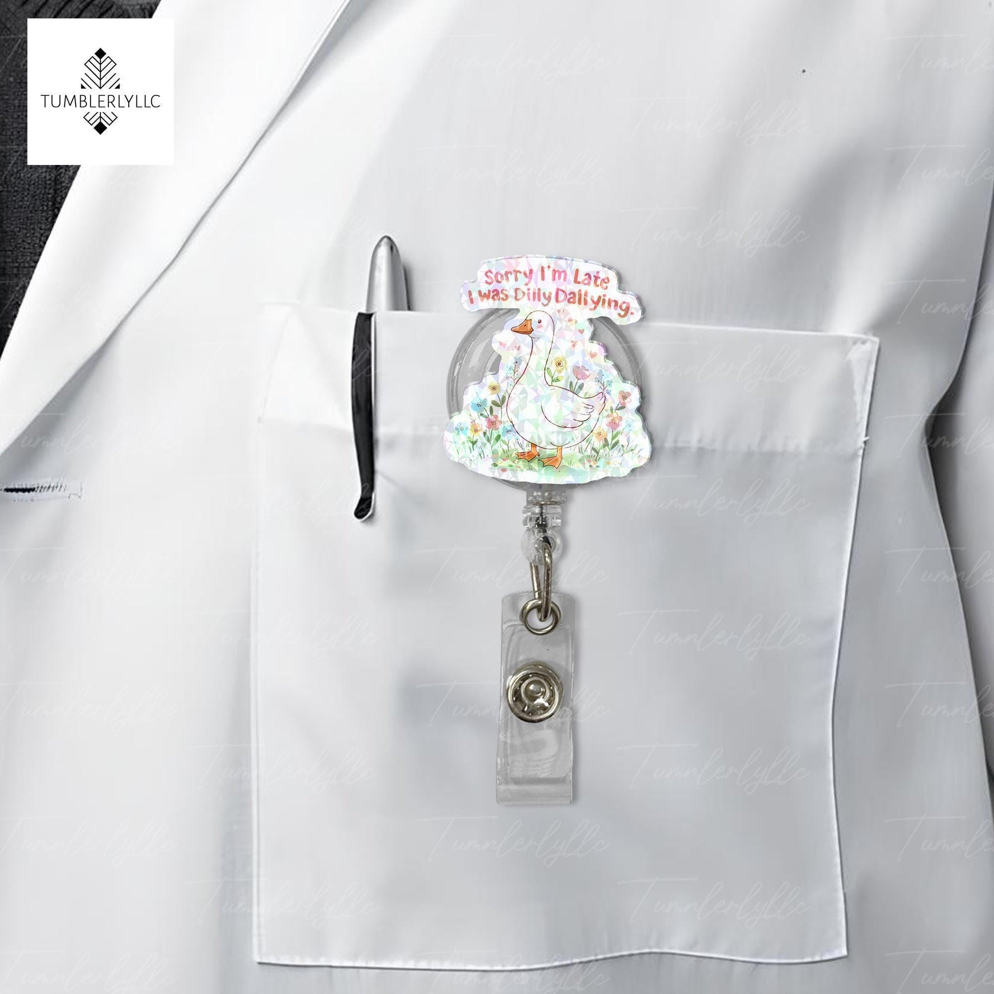 Sorry I'm Late I Was Dilly Dallying Funny Goose Badge Reel, Cute Floral Retractable ID Holder, Nurse Teacher Office Worker Gift Accessory