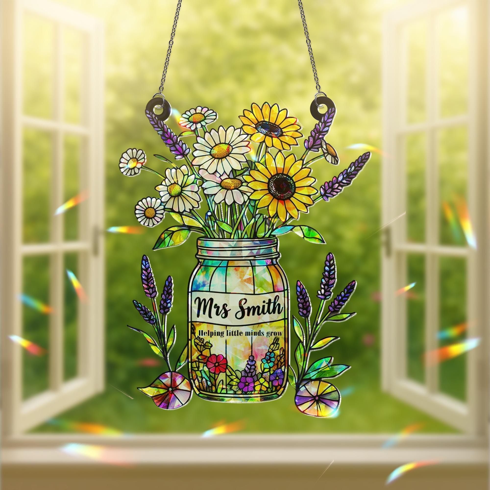 Custom Teacher Holographic Acrylic Suncatcher Gift | Mason Jar Flower End of Year Teacher Gift | Classroom Window Decor