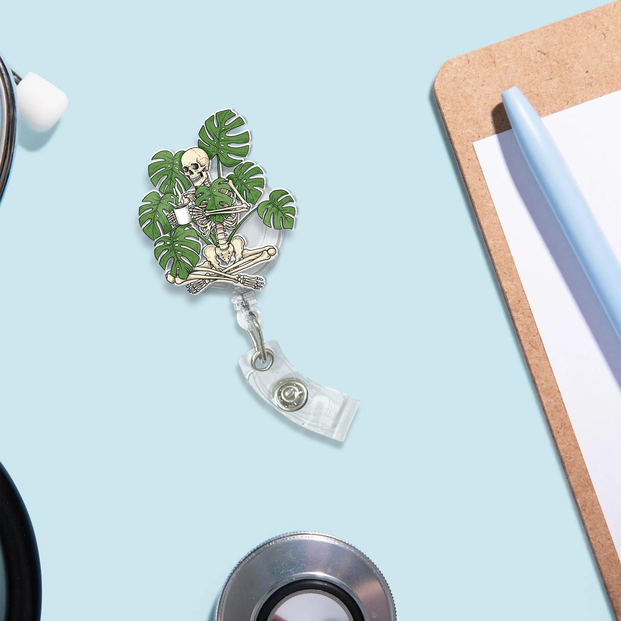 Meditating Skeleton Badge Reel with Monstera Leaves, Funny Coffee Lover Gift for Nurse, Teacher, Office Retractable ID Holder
