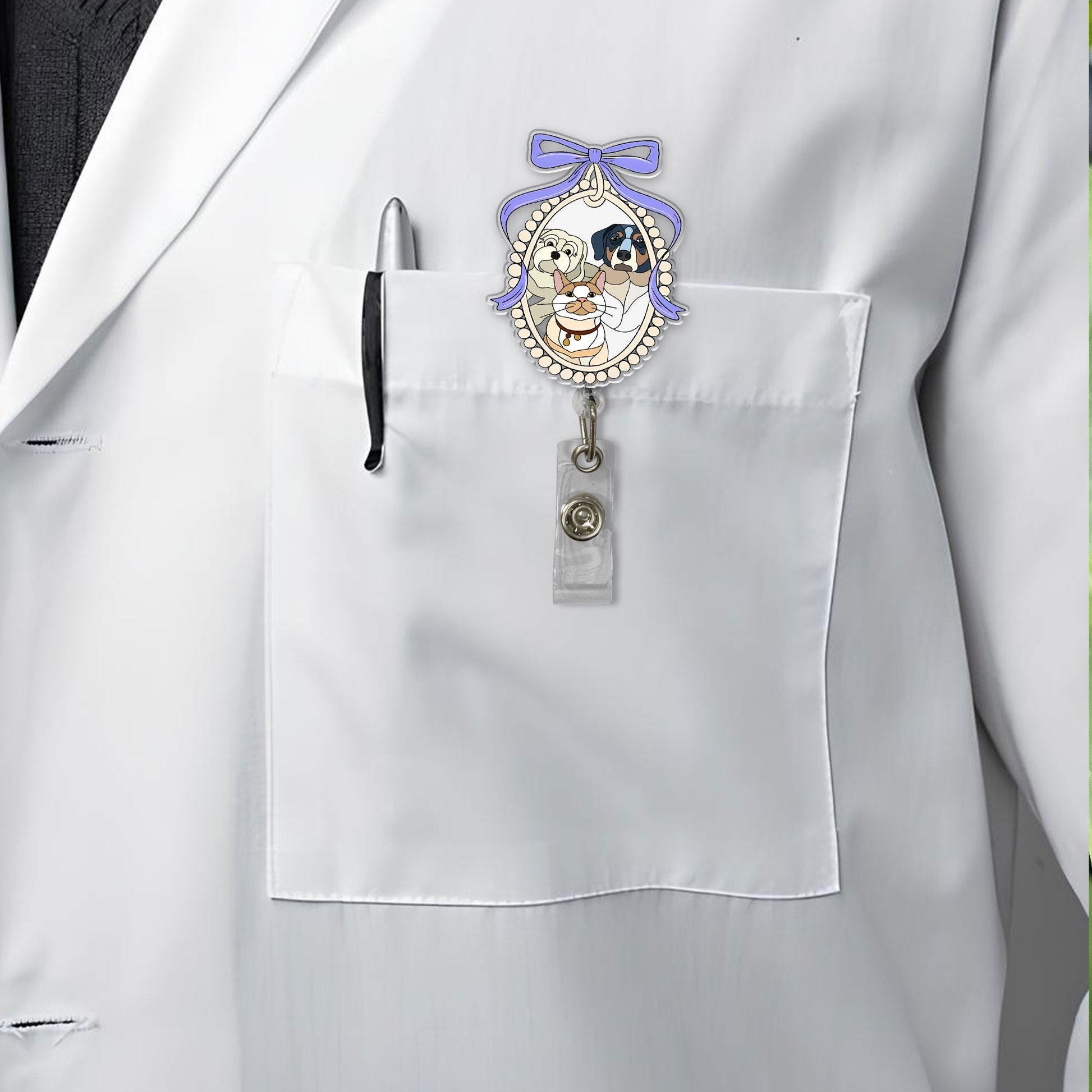 Custom Pet Portrait Badge Reel | Personalized Dog & Cat Illustration ID Holder | Cute Vintage Cameo Frame Gift for Nurse, Vet, Teacher