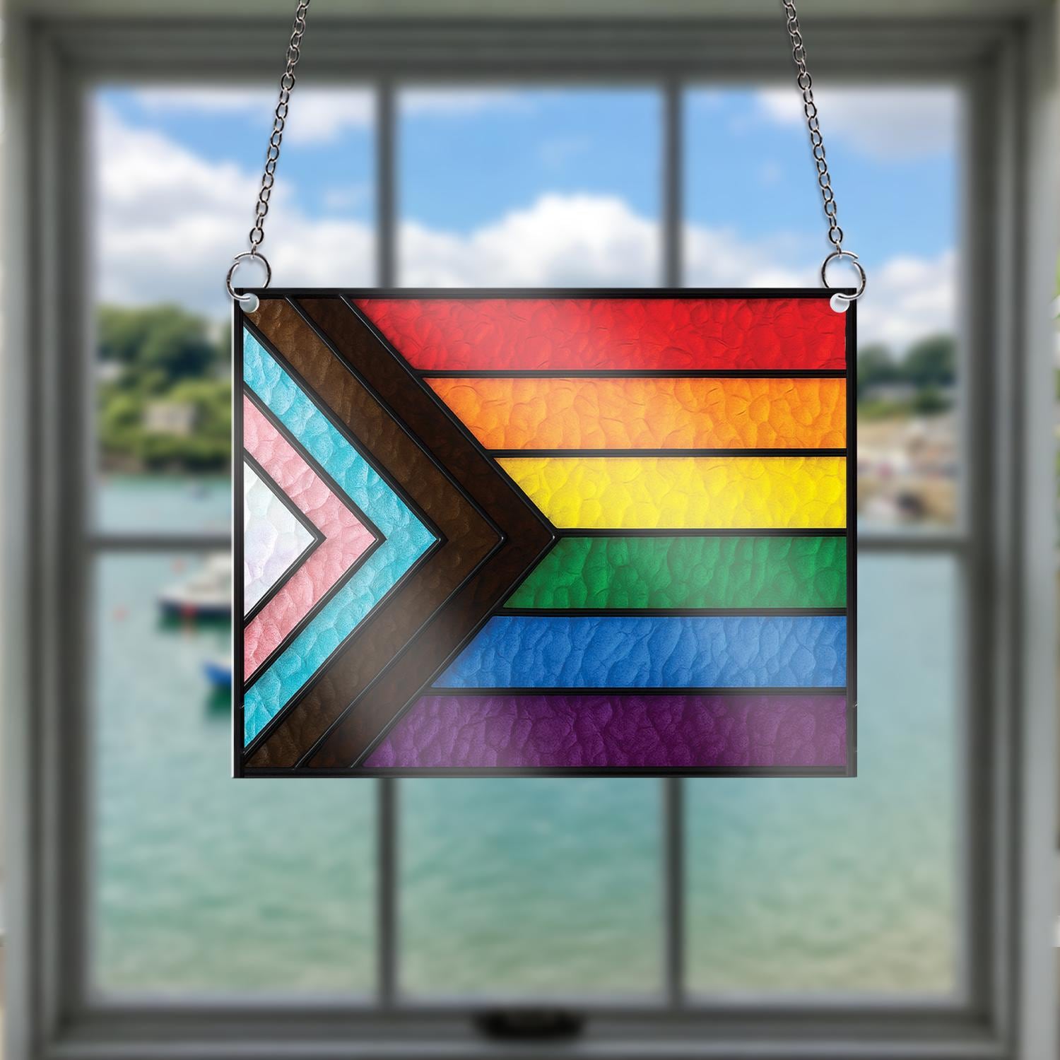 Progress Pride Flag ACRYLIC Window Hanging, LGBTQ+ Rainbow Decor, Equality Window Art, Pride Month Home Decor, Pride Window Sign, LGBT Flag