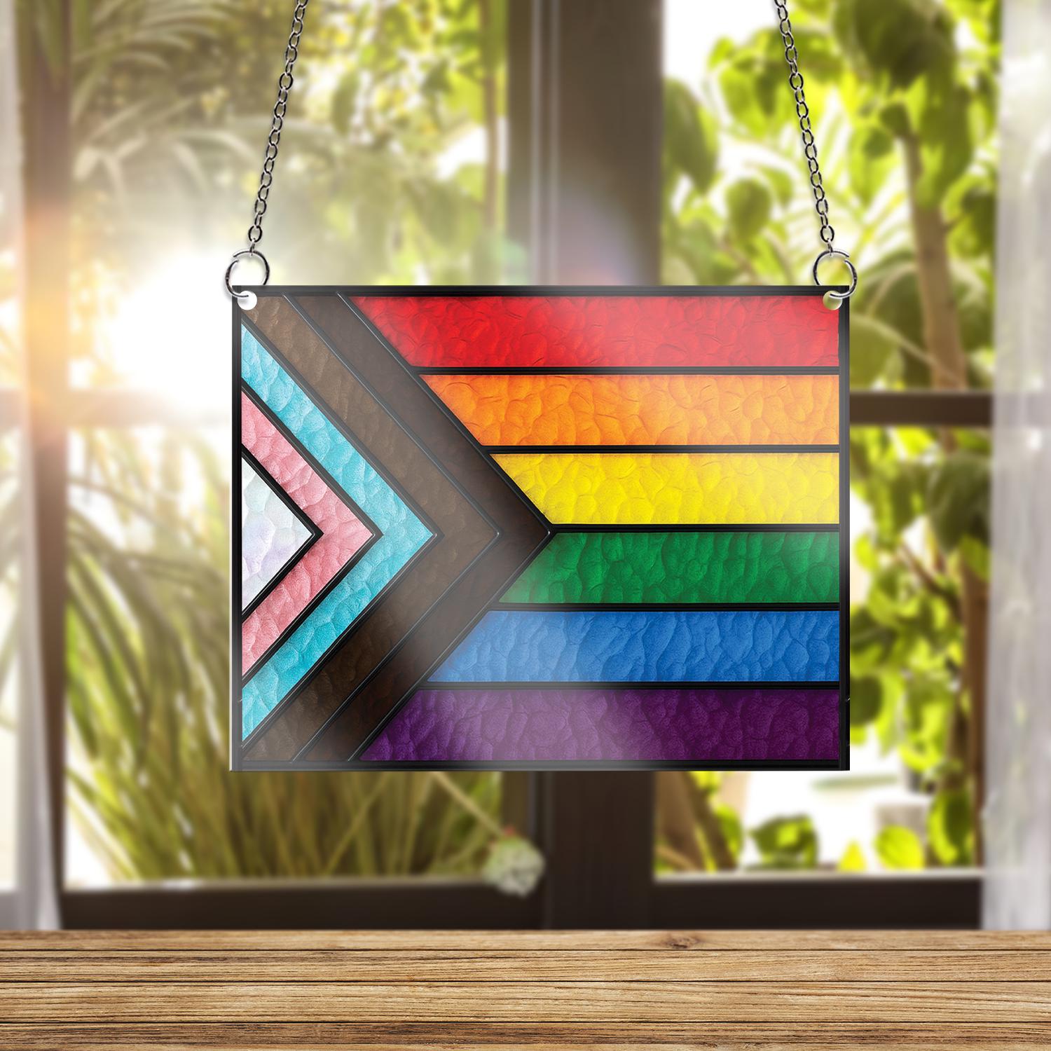 Progress Pride Flag ACRYLIC Window Hanging, LGBTQ+ Rainbow Decor, Equality Window Art, Pride Month Home Decor, Pride Window Sign, LGBT Flag