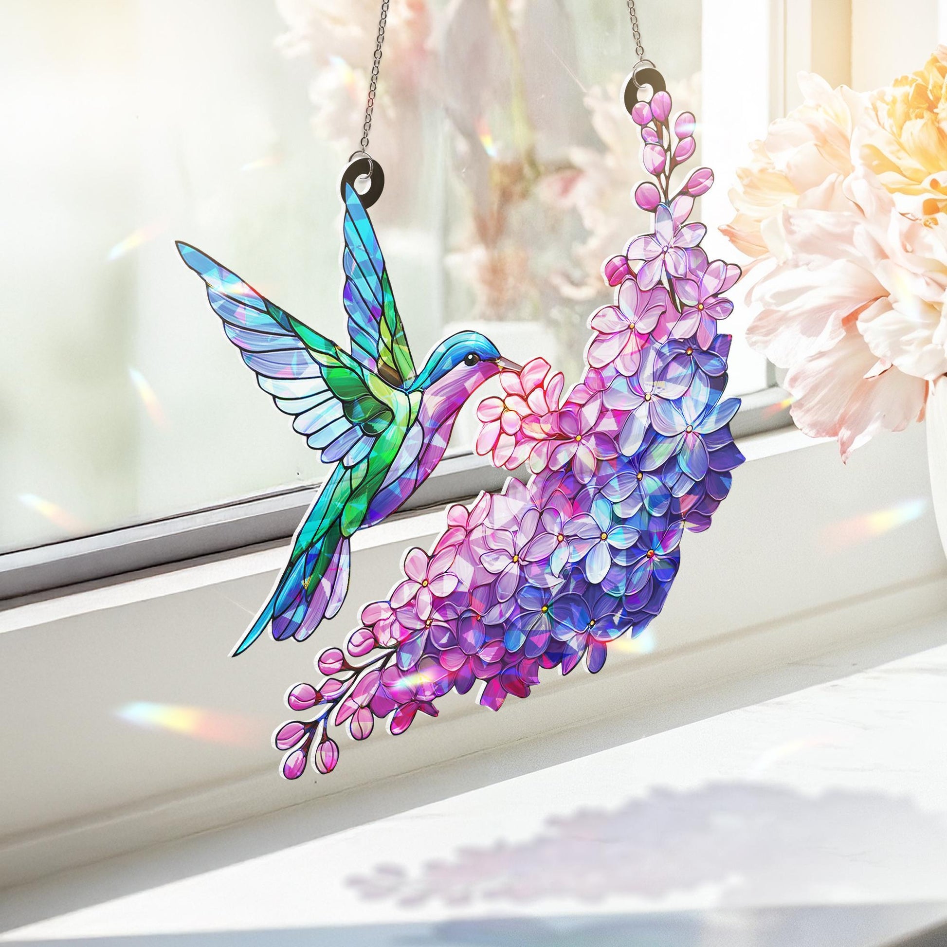 Hummingbird Window Hanging Ornament, Acrylic Lilac Flower Moon Decor, Colorful Bird Lover Gift, Floral Nature Ornament Gift Idea