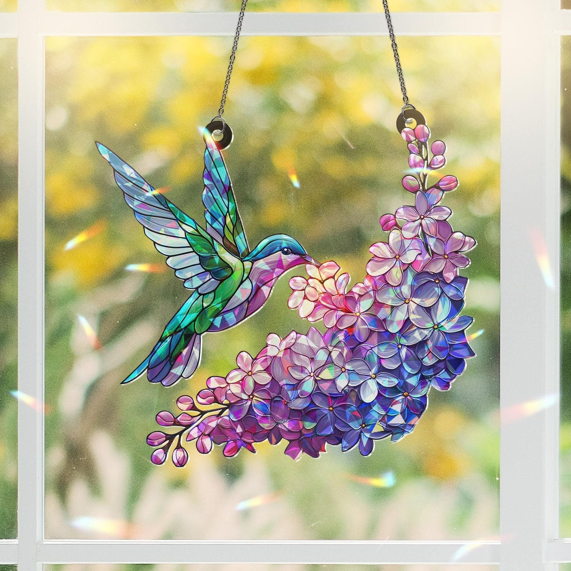 Hummingbird Window Hanging Ornament, Acrylic Lilac Flower Moon Decor, Colorful Bird Lover Gift, Floral Nature Ornament Gift Idea