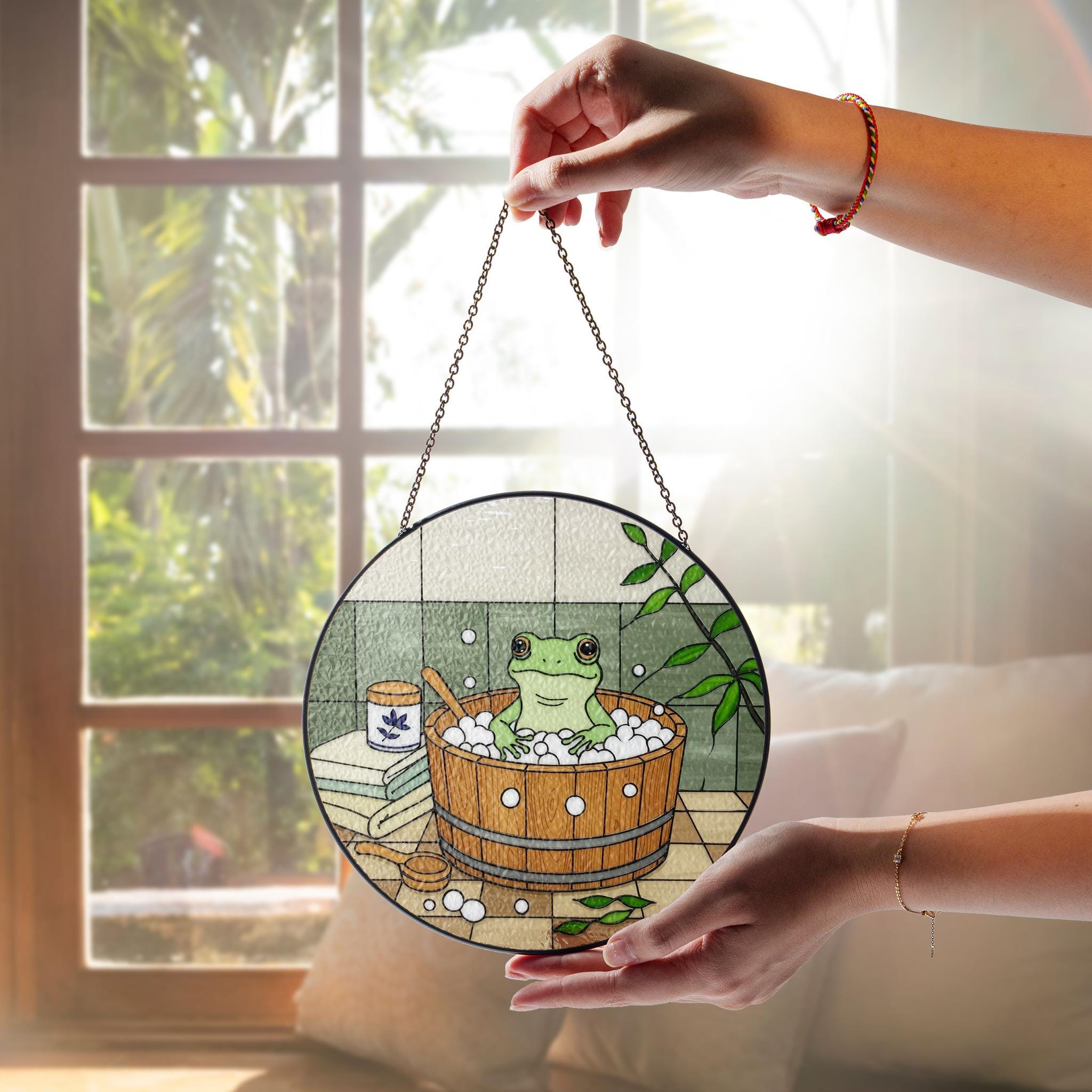 Cute Frog Bathtub Suncatcher Window Hanging, Round Bathroom Decor, Whimsical Animal Art Gift, Cottagecore Home, Funny Animal