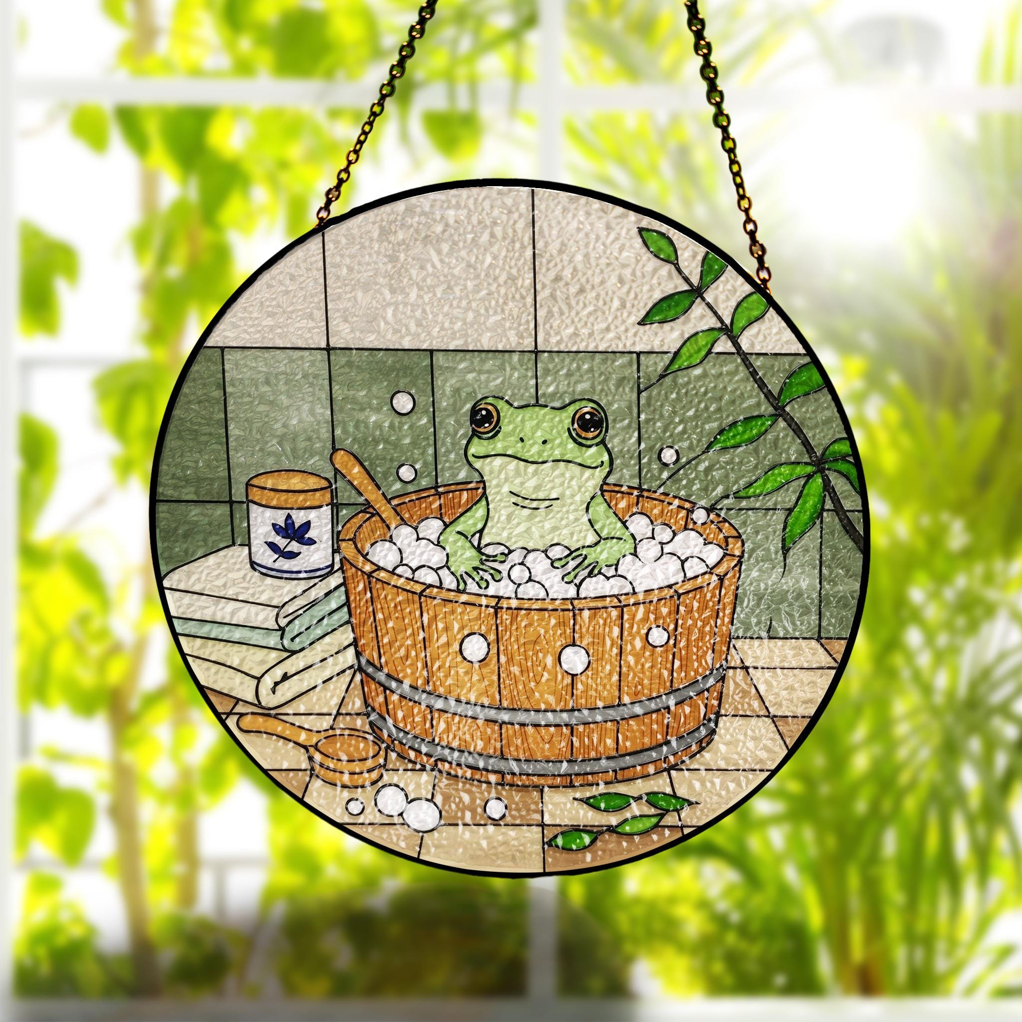 Cute Frog Bathtub Suncatcher Window Hanging, Round Bathroom Decor, Whimsical Animal Art Gift, Cottagecore Home, Funny Animal