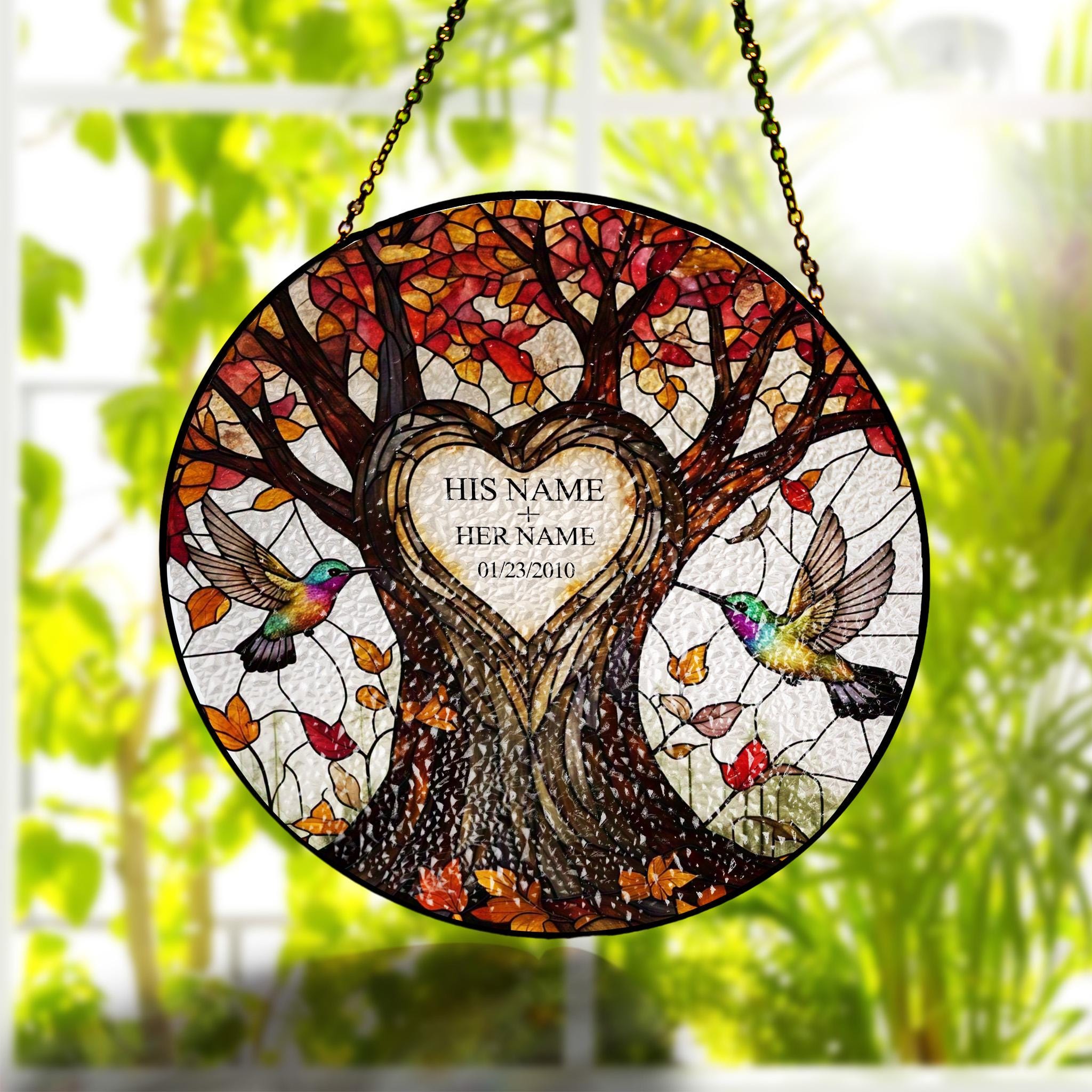 Personalized Tree of Life Glass Suncatcher Window Hanging, Custom Names Date Carved Look, Hummingbird Art, Couple Gift, Anniversary Wedding