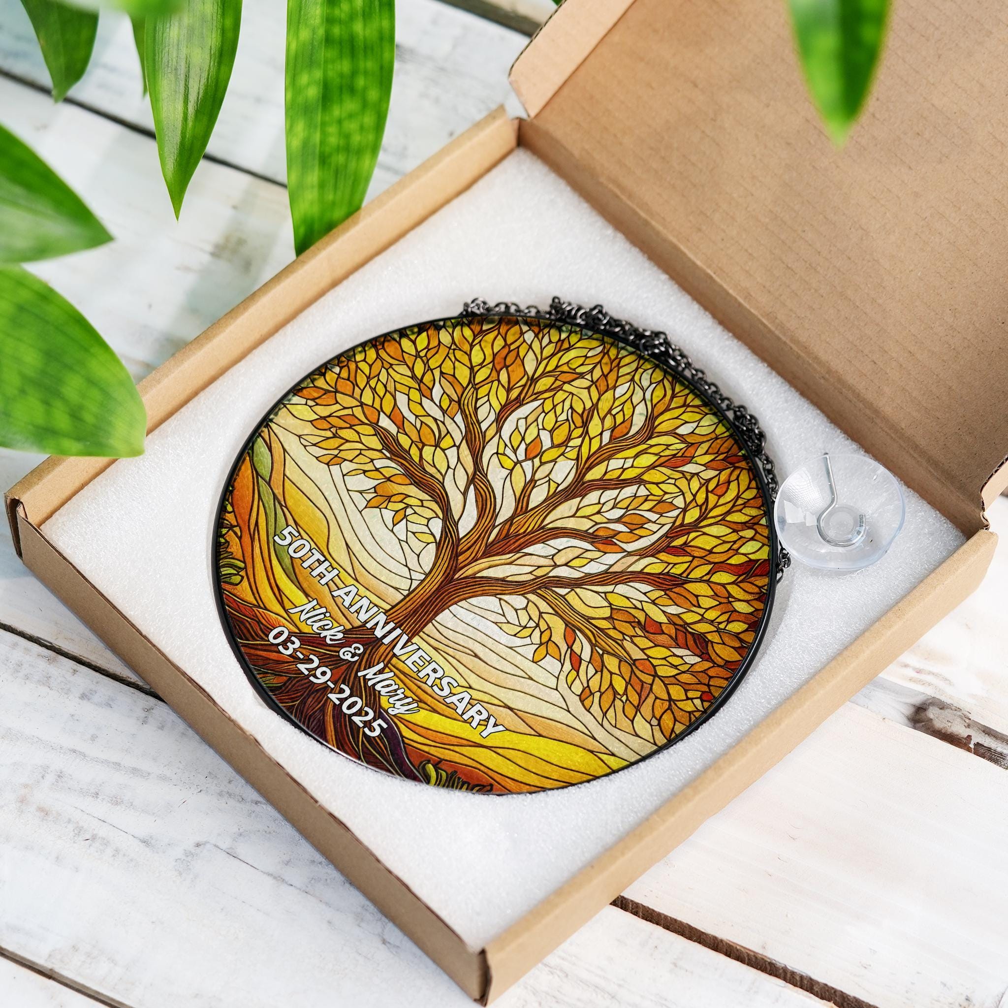 Personalized Tree of Life Glass Suncatcher Window Hanging, Custom Anniversary Gift, Round Family Tree Panel, Wedding Decor Gift