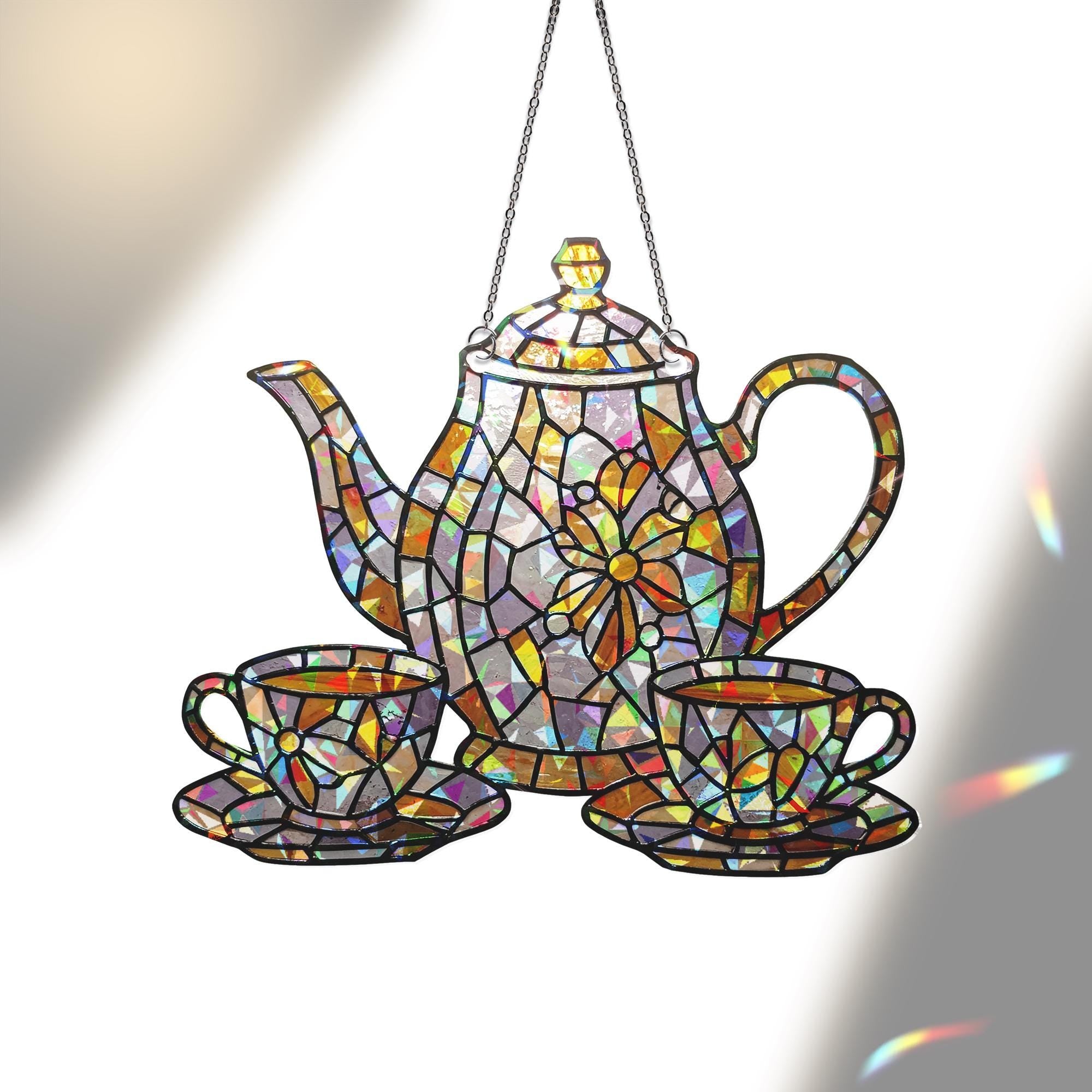 Acrylic Hologram Teapot and Cup Window Decor, Gift for Tea Lover or Mom on Mother’s Day,Kitchen Gift for Mom,Mother's Day Gift,Grandma Decor