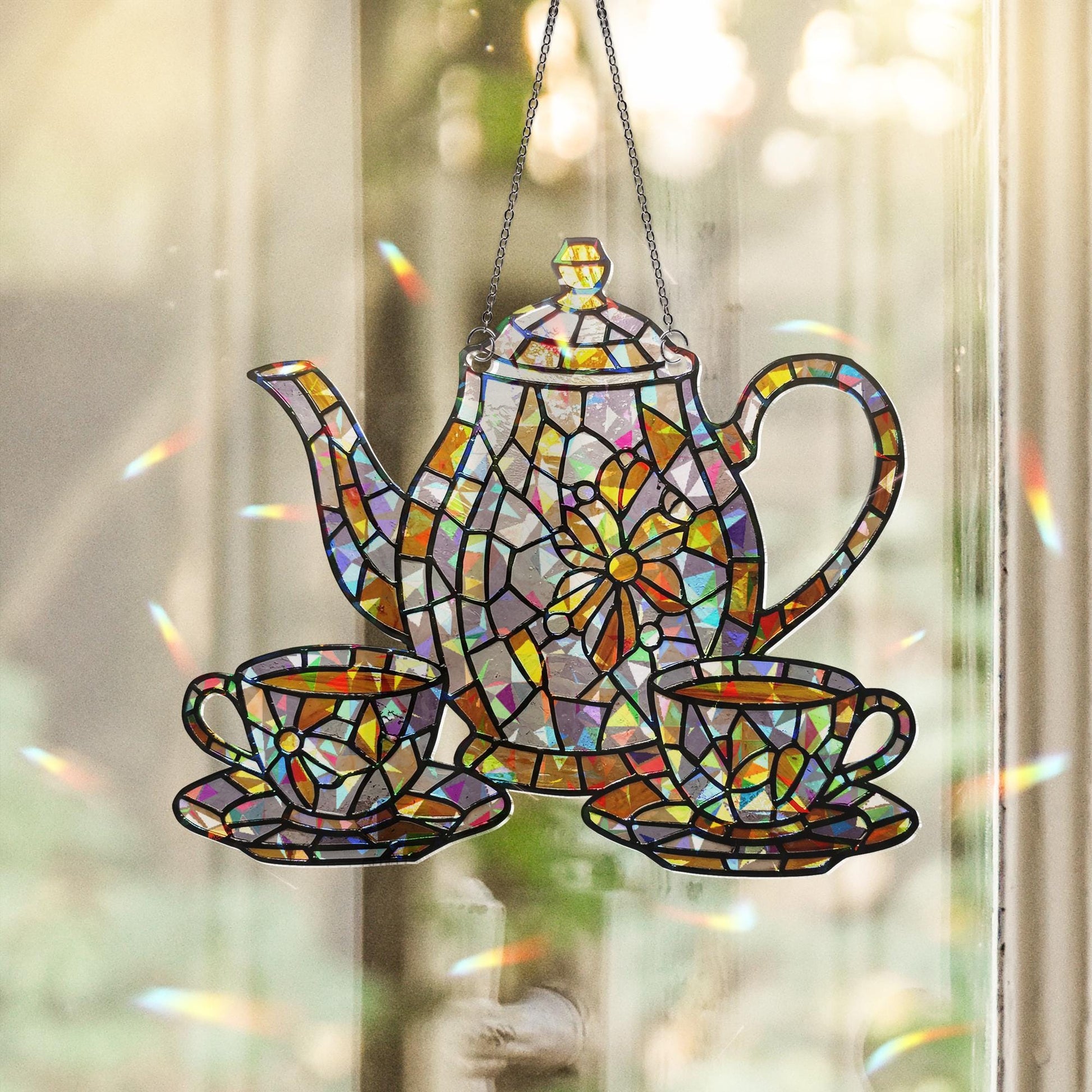 Acrylic Hologram Teapot and Cup Window Decor, Gift for Tea Lover or Mom on Mother’s Day,Kitchen Gift for Mom,Mother's Day Gift,Grandma Decor
