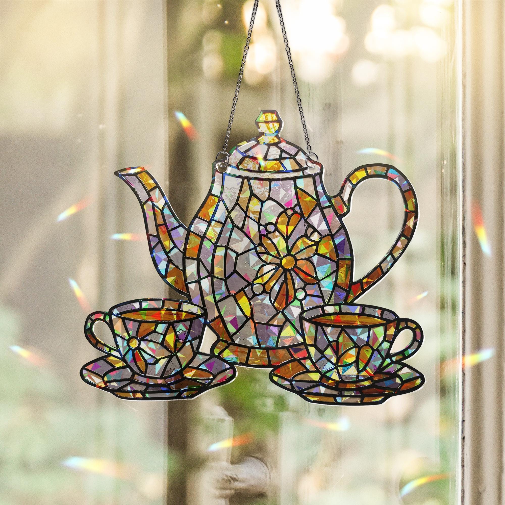 Acrylic Hologram Teapot and Cup Window Decor, Gift for Tea Lover or Mom on Mother’s Day,Kitchen Gift for Mom,Mother's Day Gift,Grandma Decor