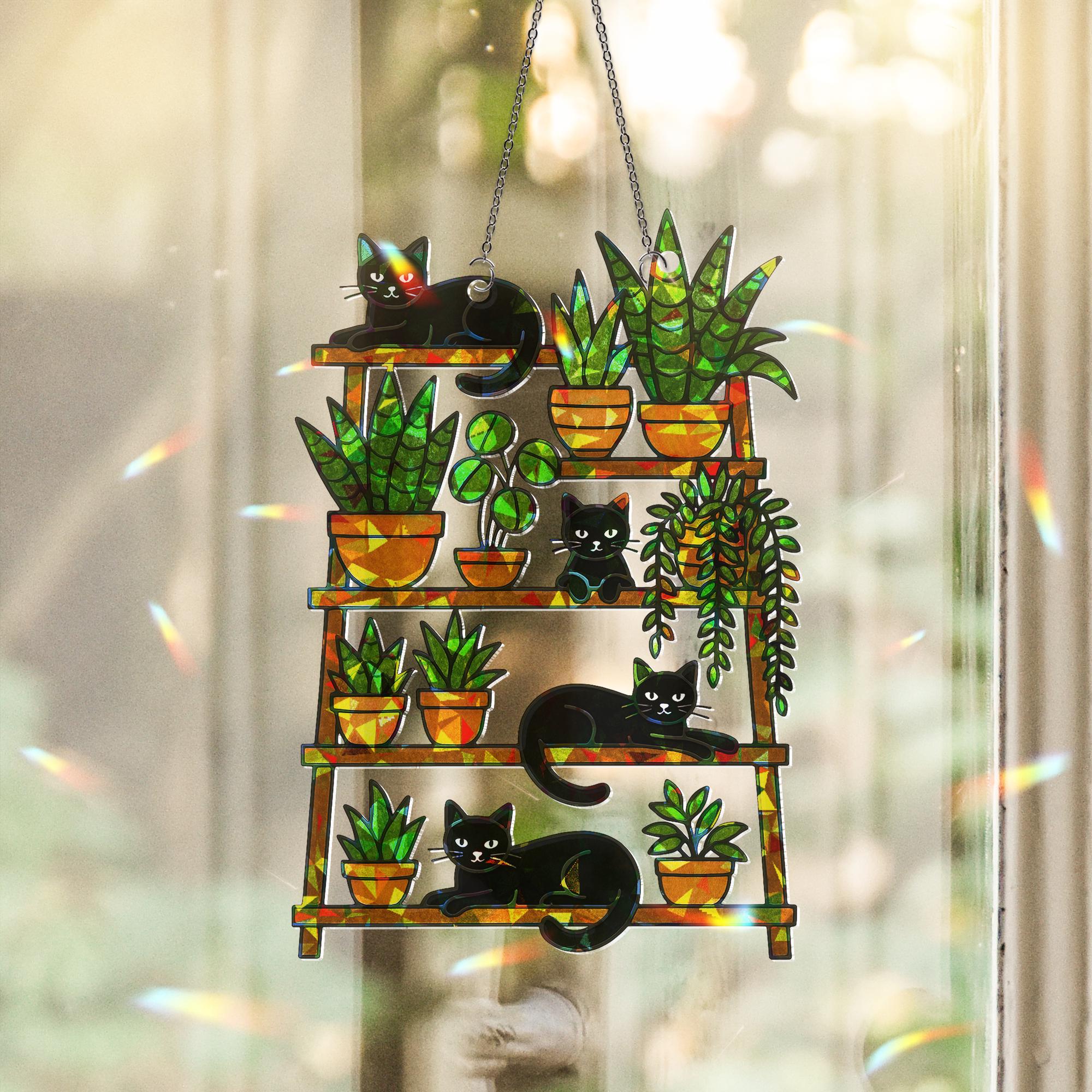 Mother's Day Cat & Plant Suncatcher - Holographic Acrylic Window Hanging Gift for Mom - Cute Black Cats and Houseplants Decor