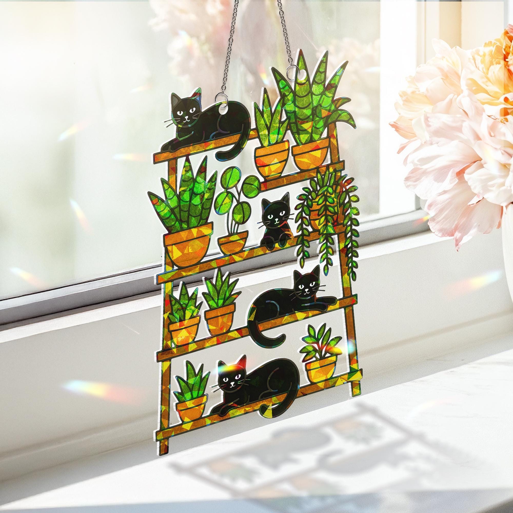 Mother's Day Cat & Plant Suncatcher - Holographic Acrylic Window Hanging Gift for Mom - Cute Black Cats and Houseplants Decor