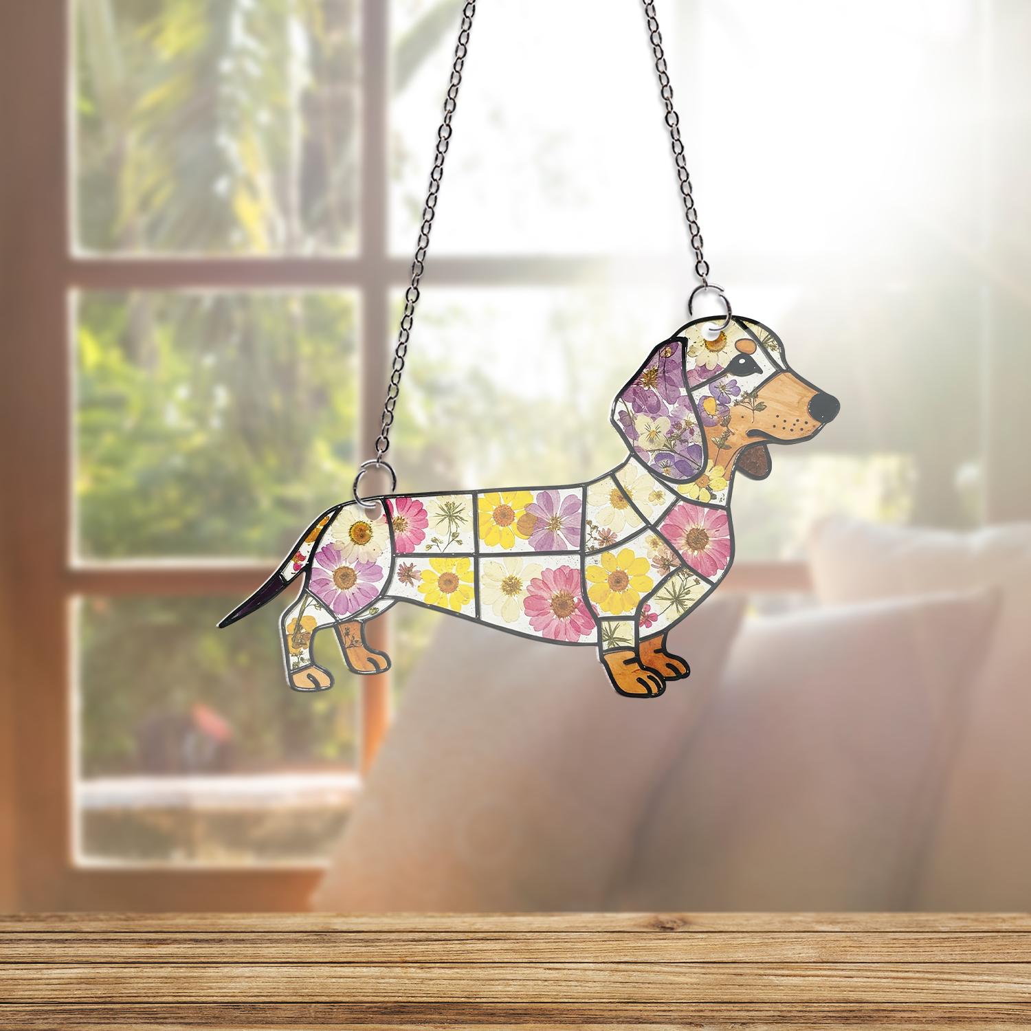 Floral Dachshund ACRYLIC Window Hanging, Flower Doxie Gift, Dachshund MOm Gift, Gift For Dog Mom, Mother's Day Gift, Dog Lover Gift