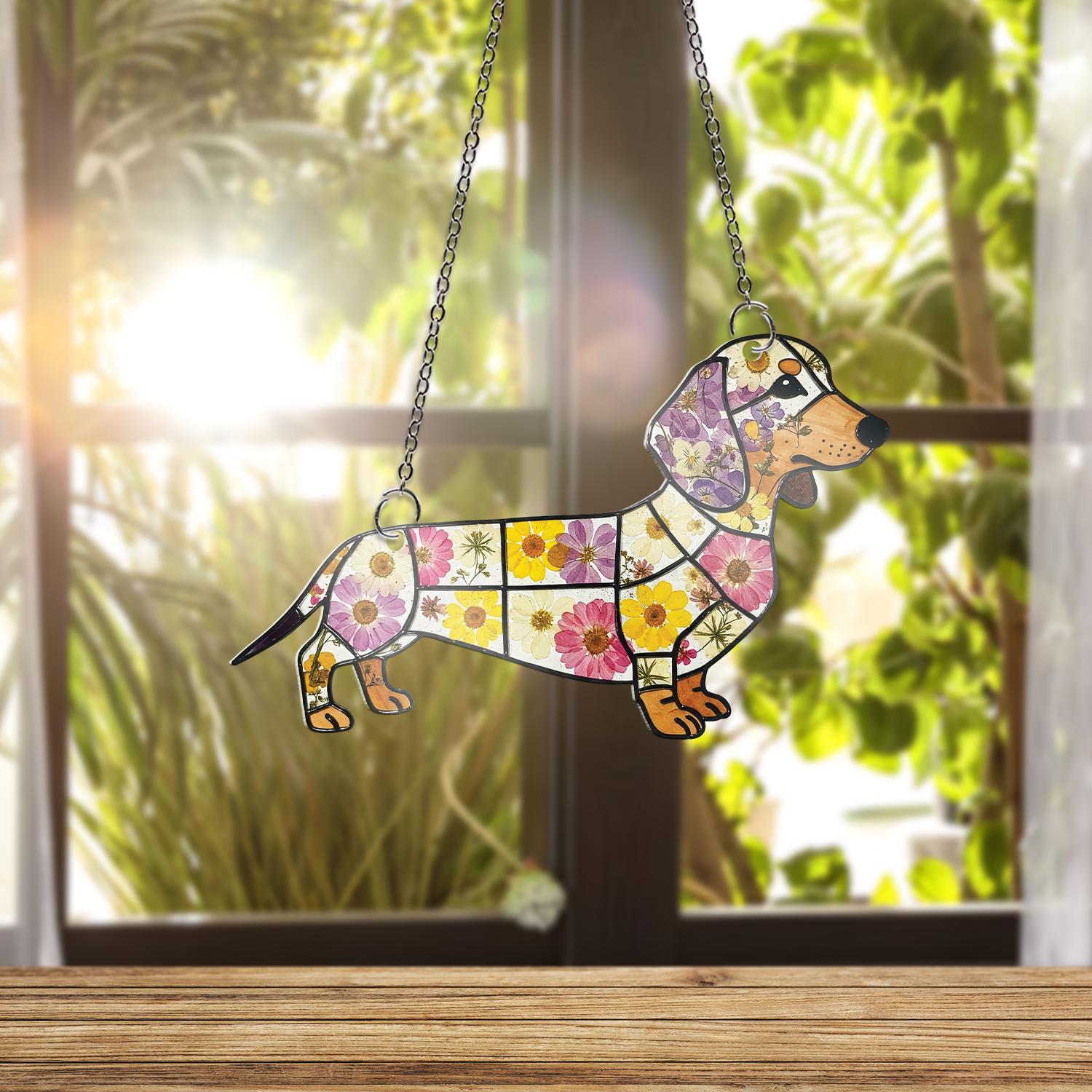 Floral Dachshund ACRYLIC Window Hanging, Flower Doxie Gift, Dachshund MOm Gift, Gift For Dog Mom, Mother's Day Gift, Dog Lover Gift
