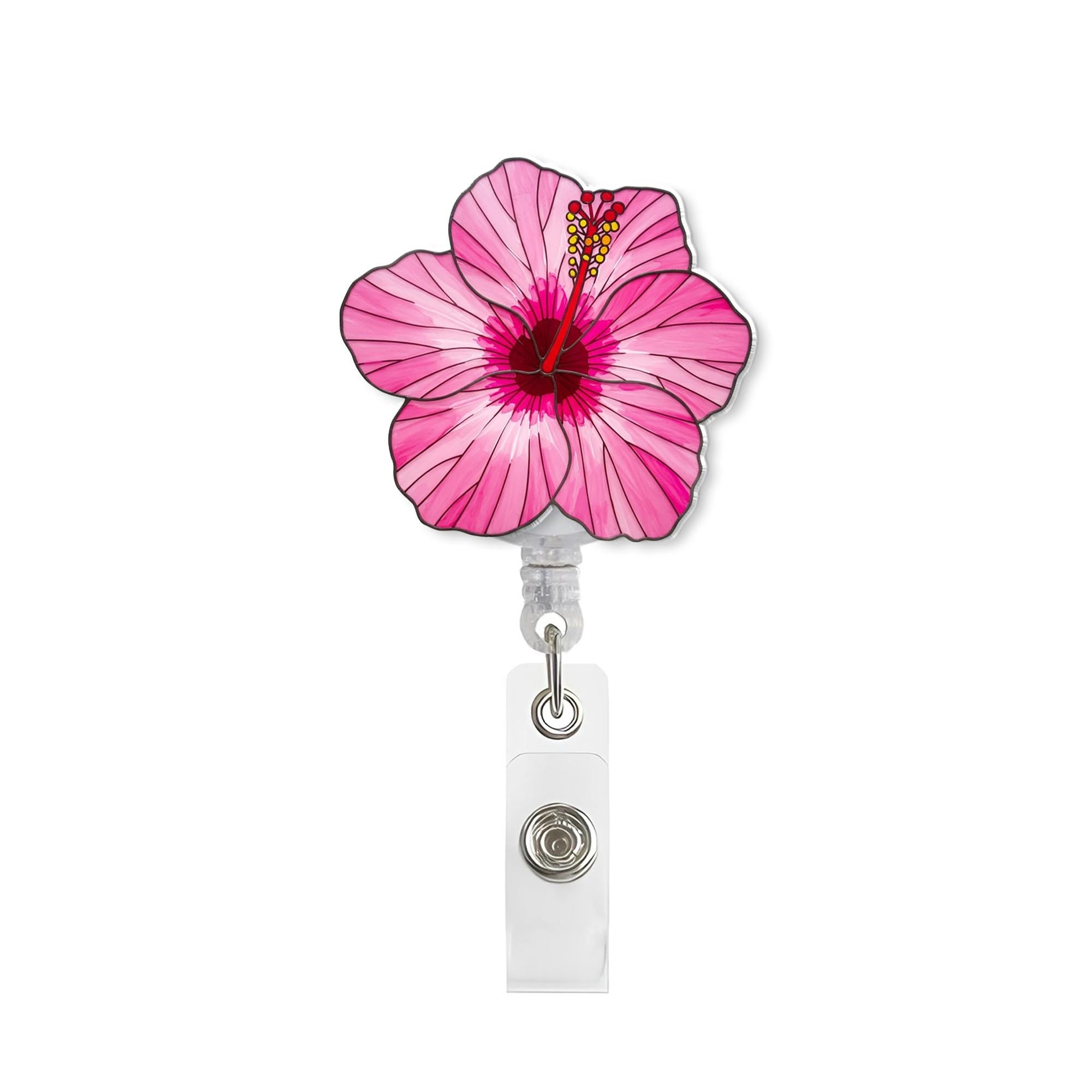 Hibiscus Flower Badge Reel – Tropical Floral ID Holder for Nurses, Teachers, Staff, Flower Nurse Badge Clip, Cute Spring, Accessory Gift