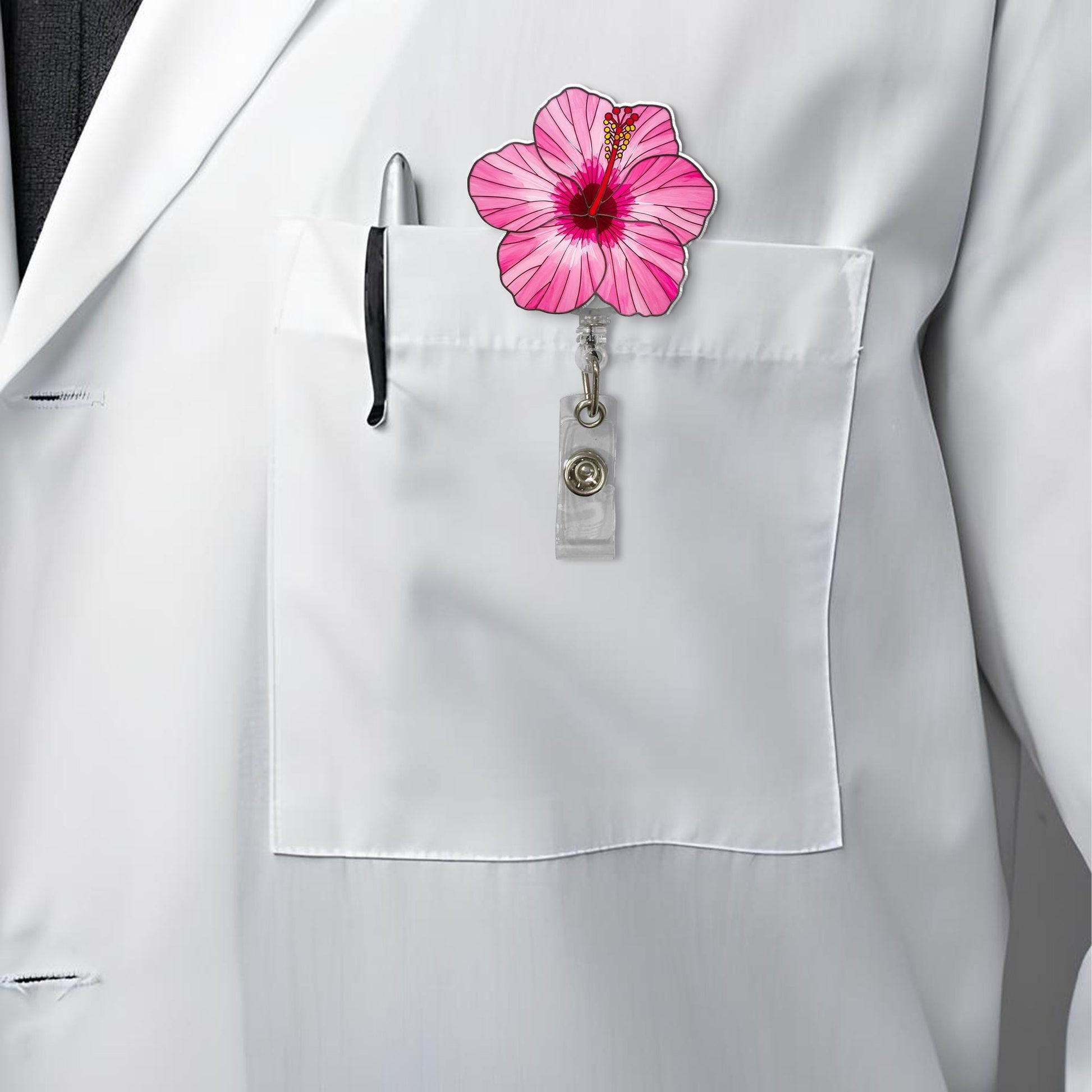 Hibiscus Flower Badge Reel – Tropical Floral ID Holder for Nurses, Teachers, Staff, Flower Nurse Badge Clip, Cute Spring, Accessory Gift