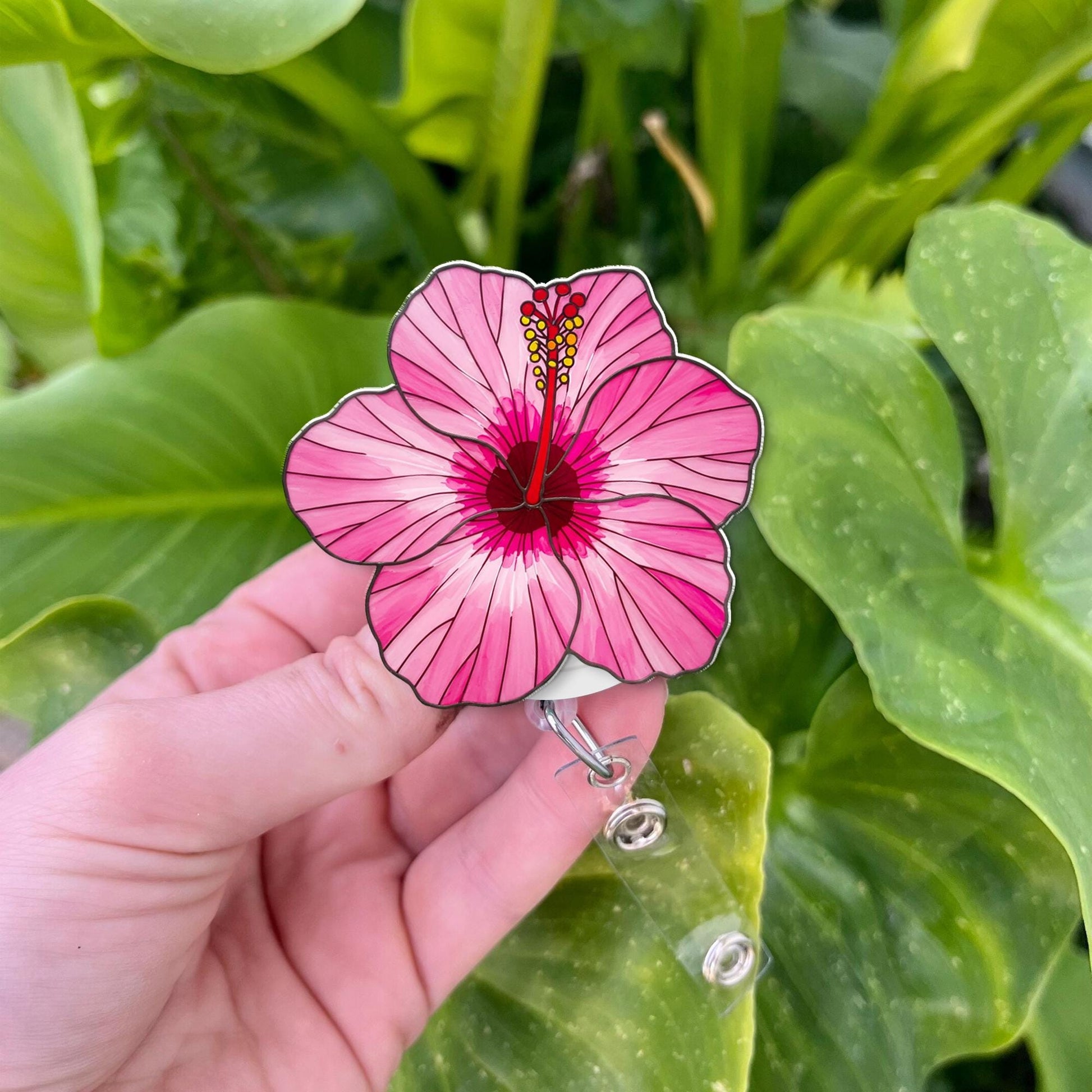 Hibiscus Flower Badge Reel – Tropical Floral ID Holder for Nurses, Teachers, Staff, Flower Nurse Badge Clip, Cute Spring, Accessory Gift