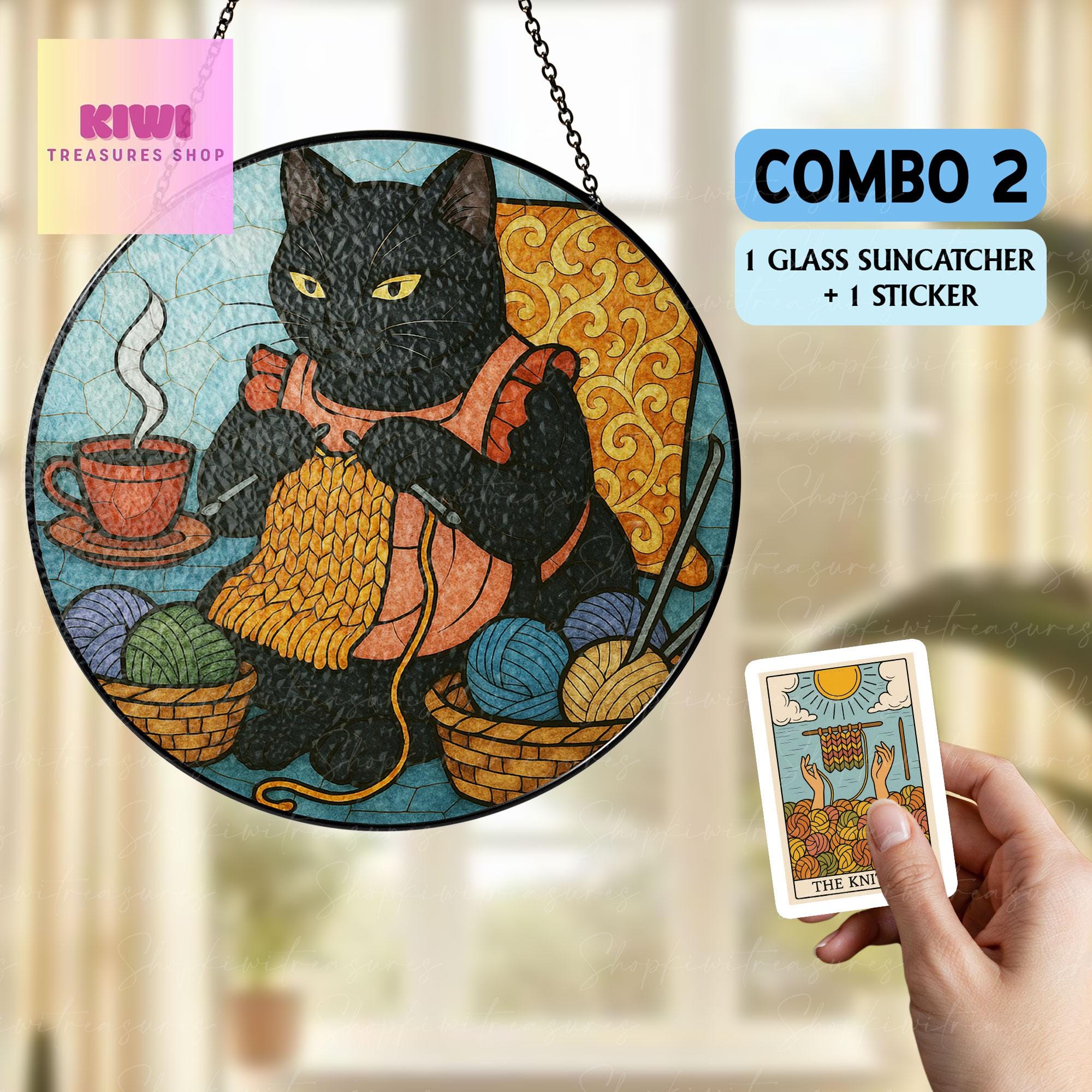 Mother's day special gift set 2025 - Knitting Cat Glass hanging- Mother’s Day Gift for Knitting Mom - Yarn Lover Window Hanging Decor