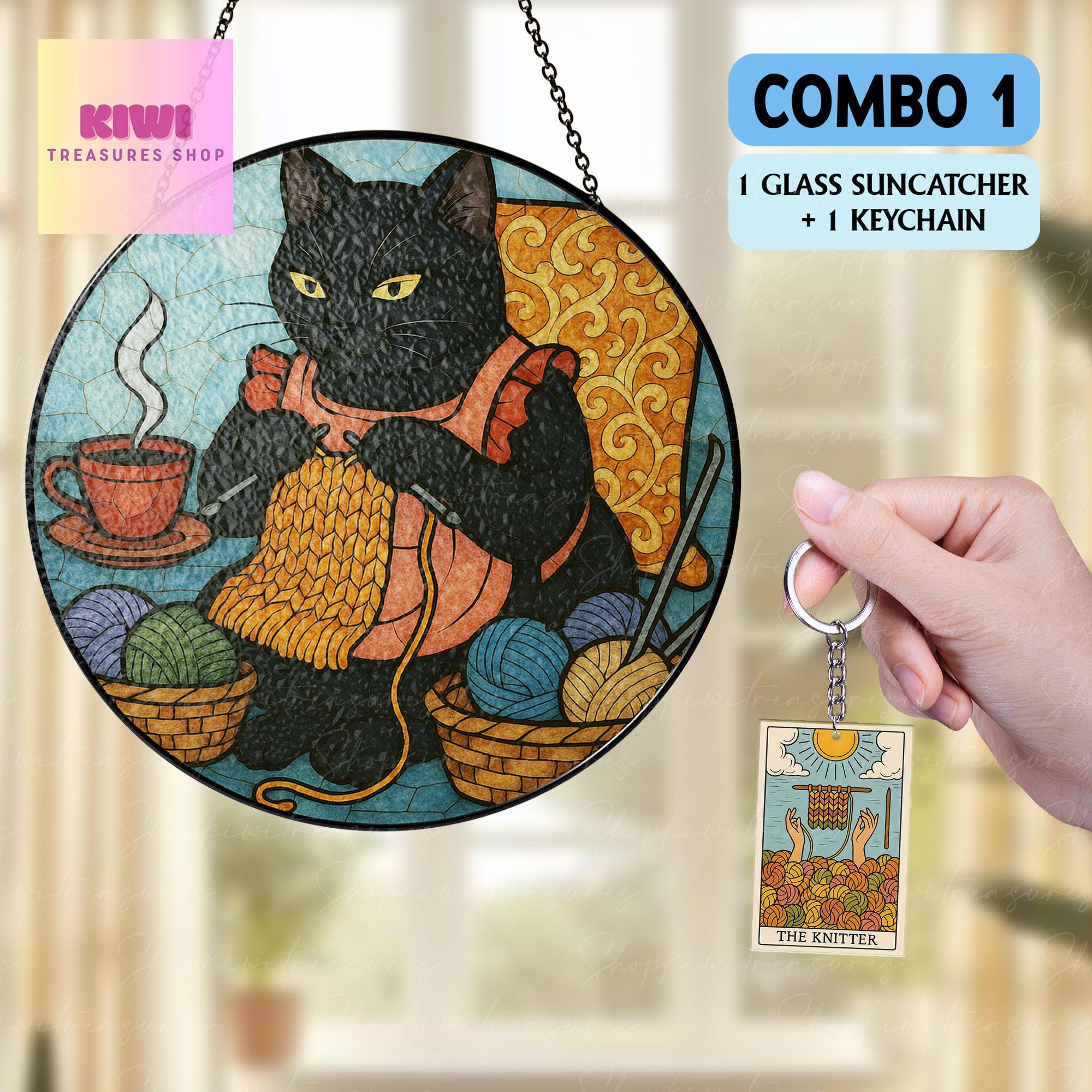 Mother's day special gift set 2025 - Knitting Cat Glass hanging- Mother’s Day Gift for Knitting Mom - Yarn Lover Window Hanging Decor