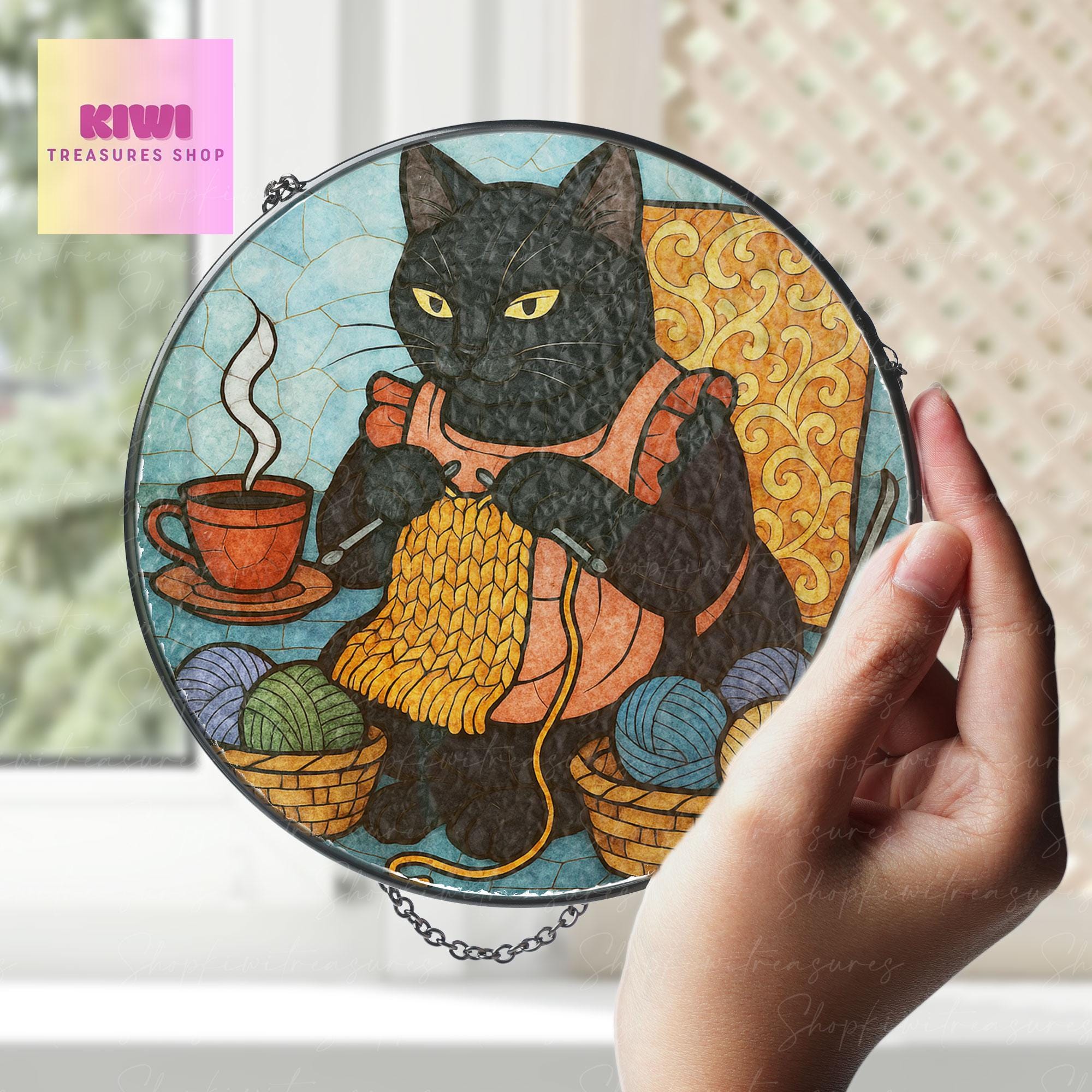Mother's day special gift set 2025 - Knitting Cat Glass hanging- Mother’s Day Gift for Knitting Mom - Yarn Lover Window Hanging Decor