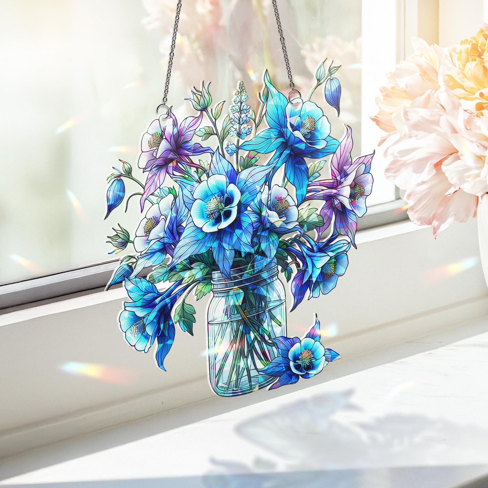 Blue Columbine Flowers Acrylic Holographic Suncatcher | Mason Jar Bouquet Window Hanging | Unique Gift for Mom Grandma