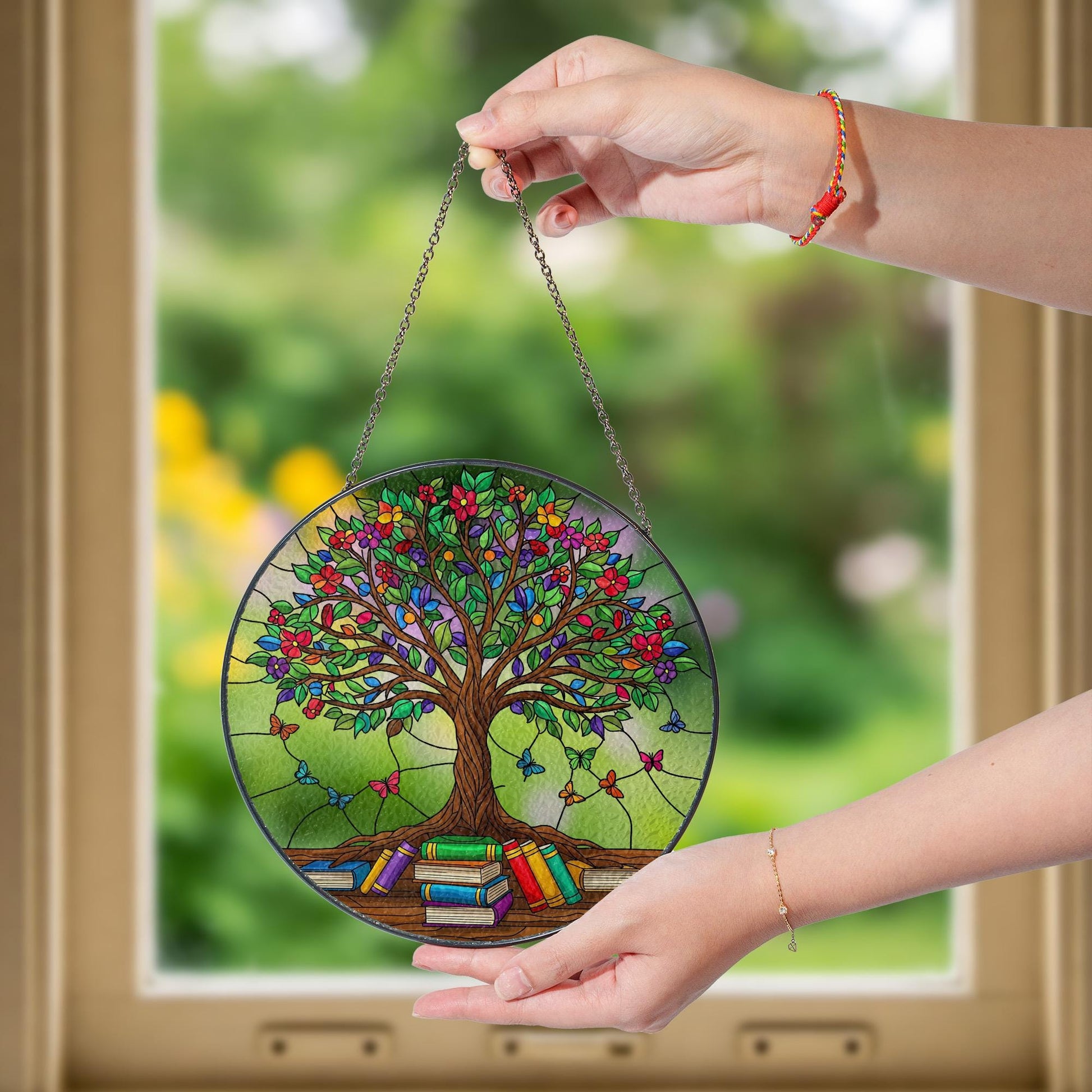 Tree of Knowledge Glass, Colorful Suncatcher with Books and Butterflies, Gift for Teacher, Reader, or Book Lover, Teacher Appreciation