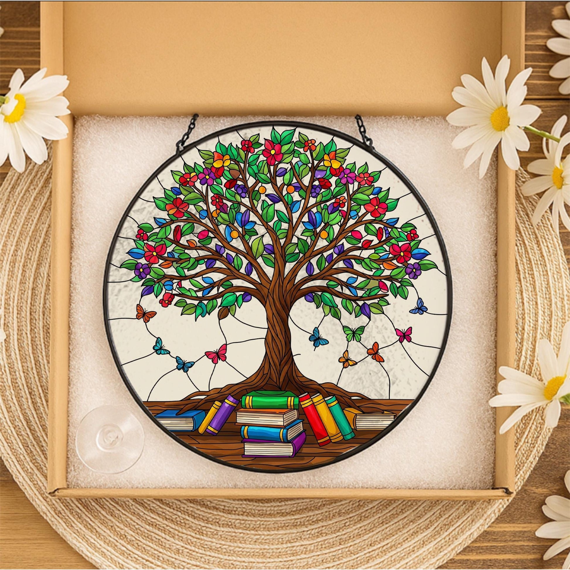 Tree of Knowledge Glass, Colorful Suncatcher with Books and Butterflies, Gift for Teacher, Reader, or Book Lover, Teacher Appreciation