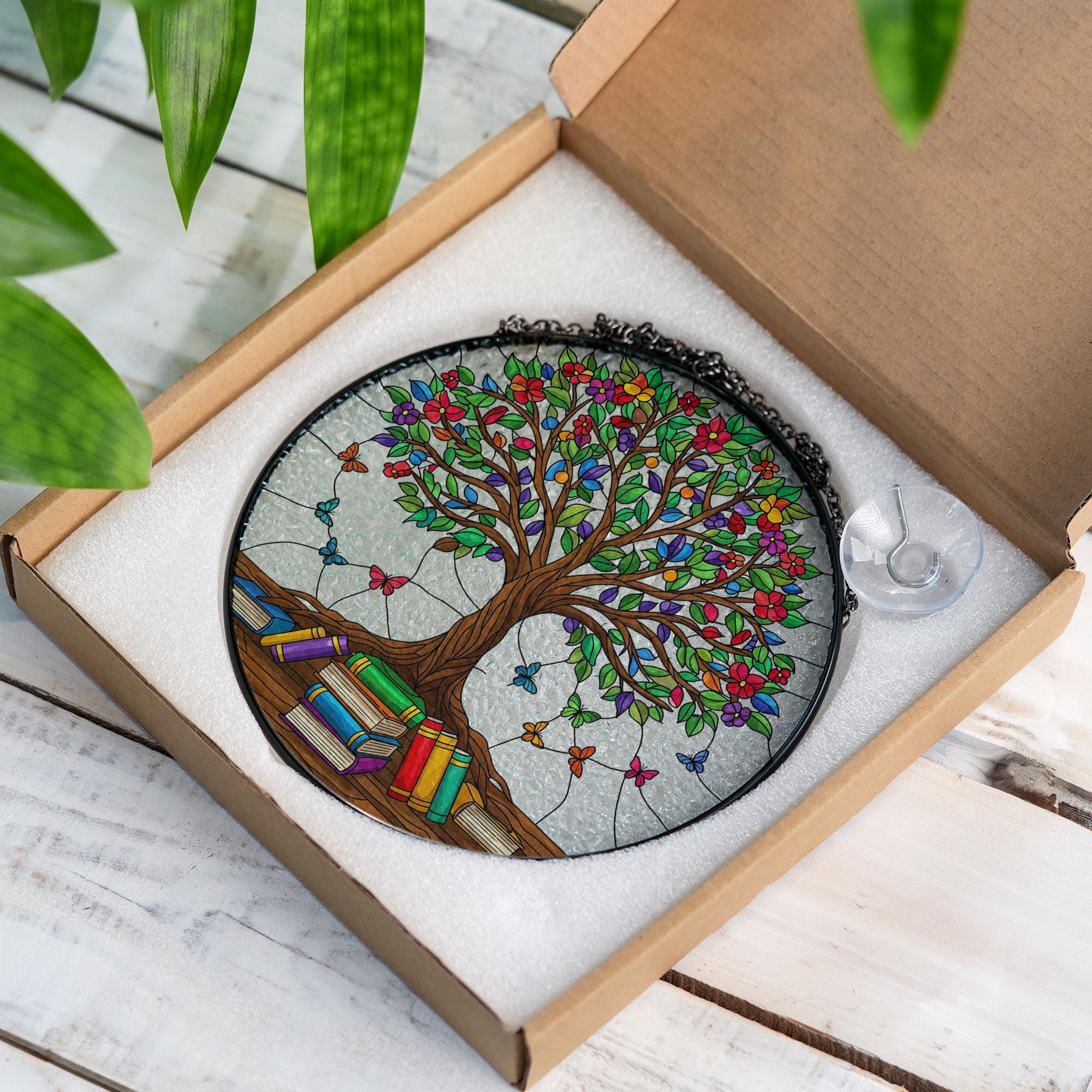Tree of Knowledge Glass, Colorful Suncatcher with Books and Butterflies, Gift for Teacher, Reader, or Book Lover, Teacher Appreciation
