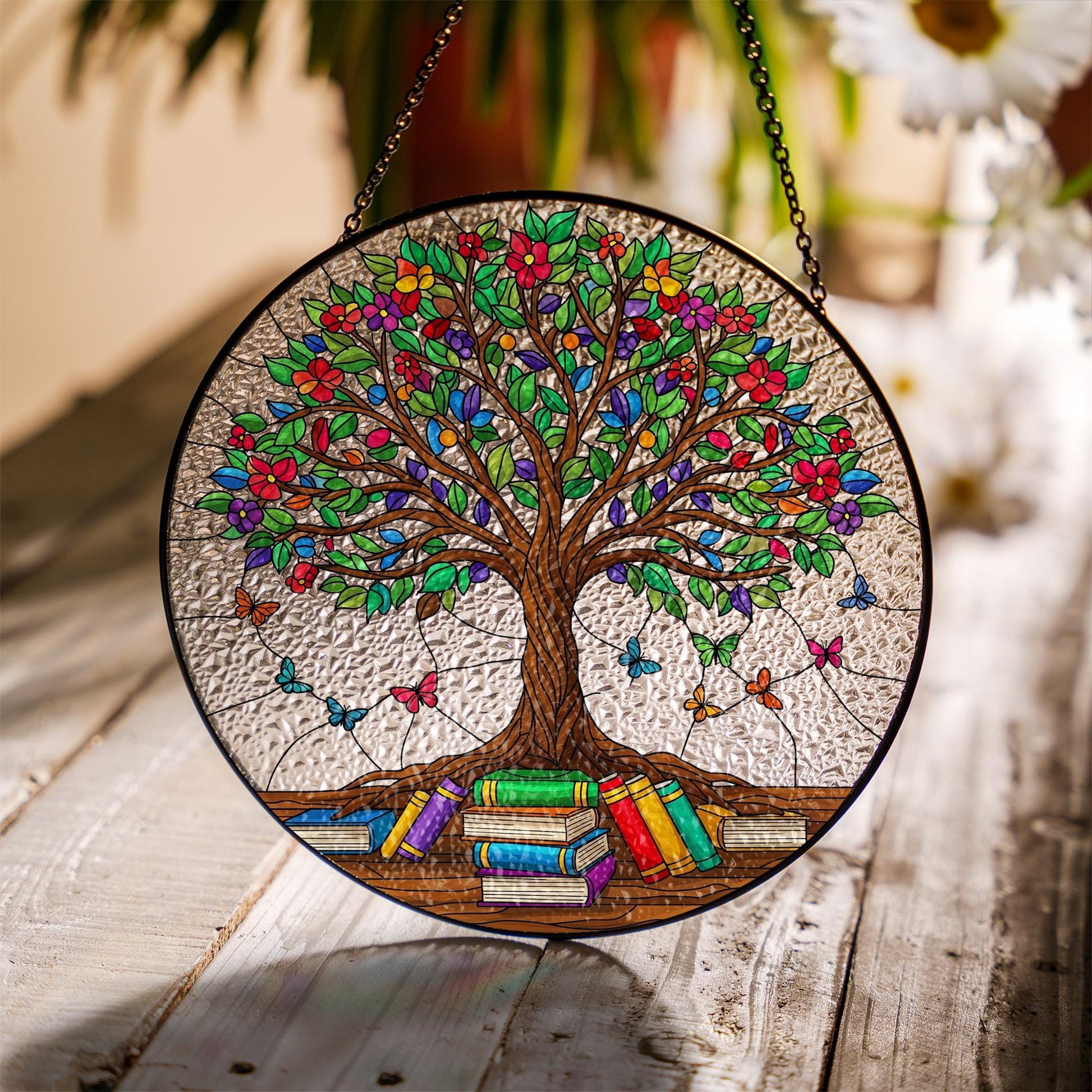 Tree of Knowledge Glass, Colorful Suncatcher with Books and Butterflies, Gift for Teacher, Reader, or Book Lover, Teacher Appreciation