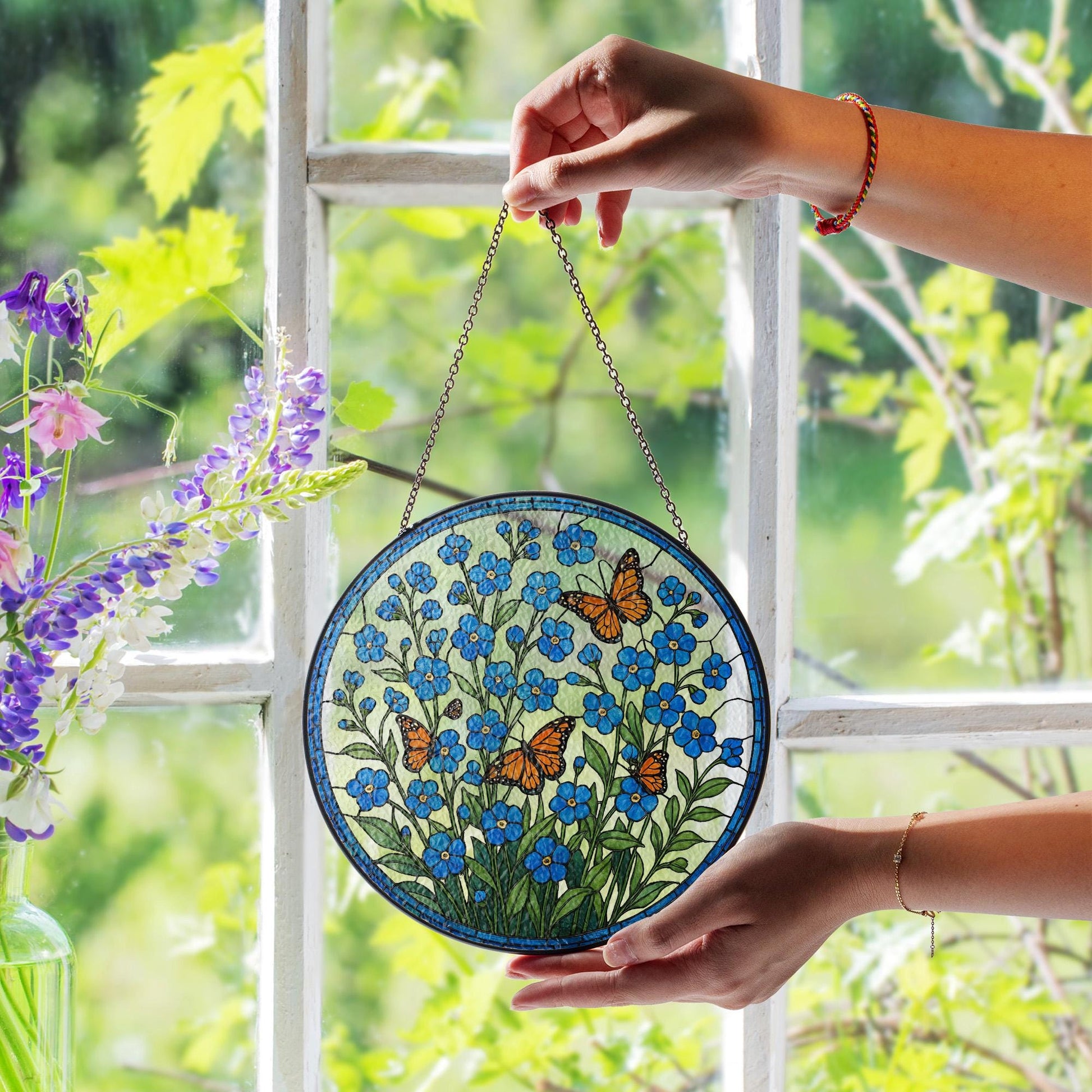 Forget Me Not and Monarch Butterfly Glass Suncatcher | Blue Wildflower Window Hanging Gift for Mom, Memorial, Garden Lover