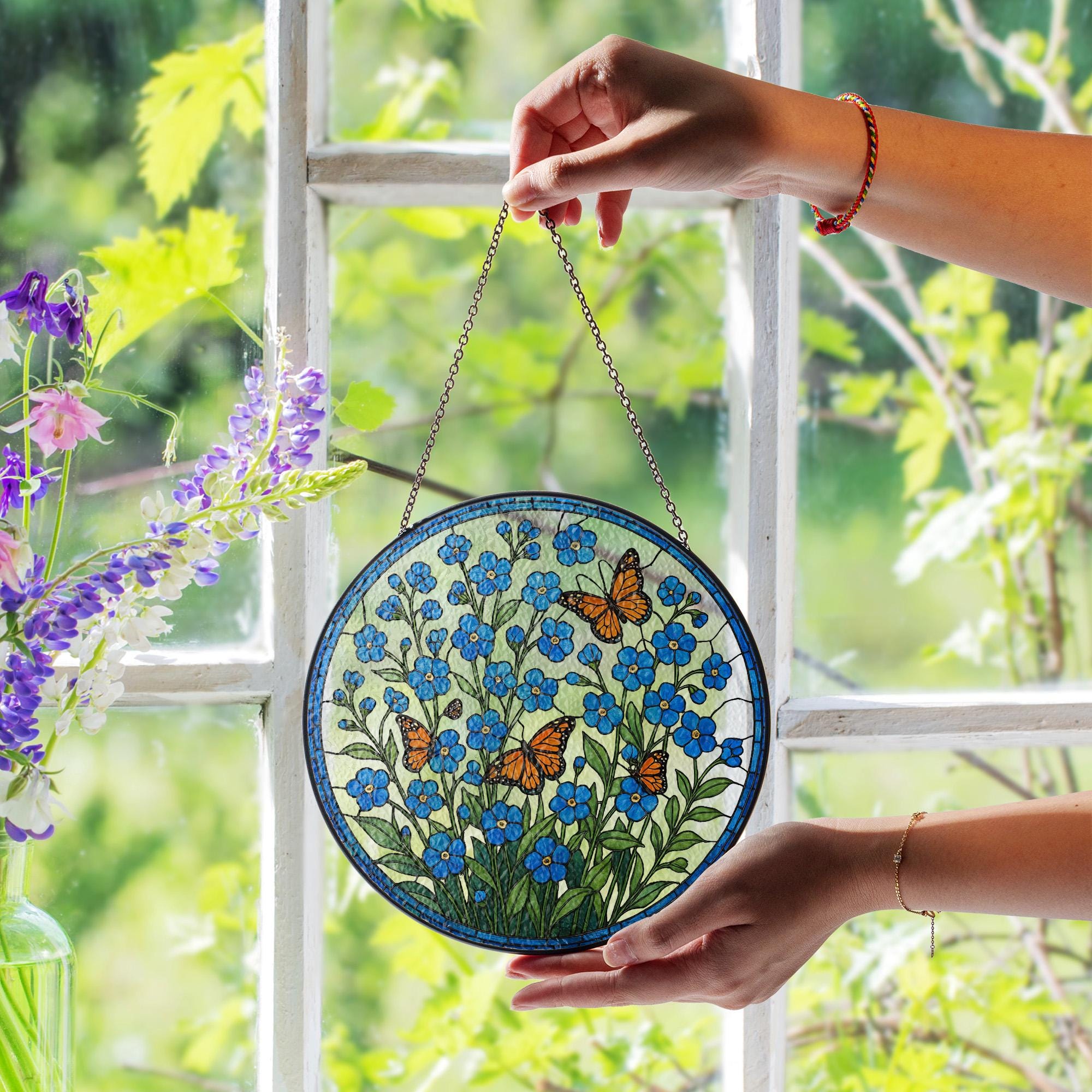 Forget Me Not and Monarch Butterfly Glass Suncatcher | Blue Wildflower Window Hanging Gift for Mom, Memorial, Garden Lover