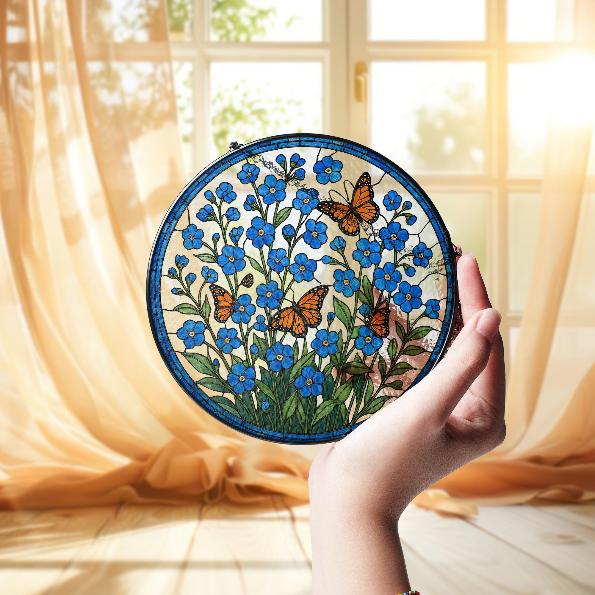 Forget Me Not and Monarch Butterfly Glass Suncatcher | Blue Wildflower Window Hanging Gift for Mom, Memorial, Garden Lover